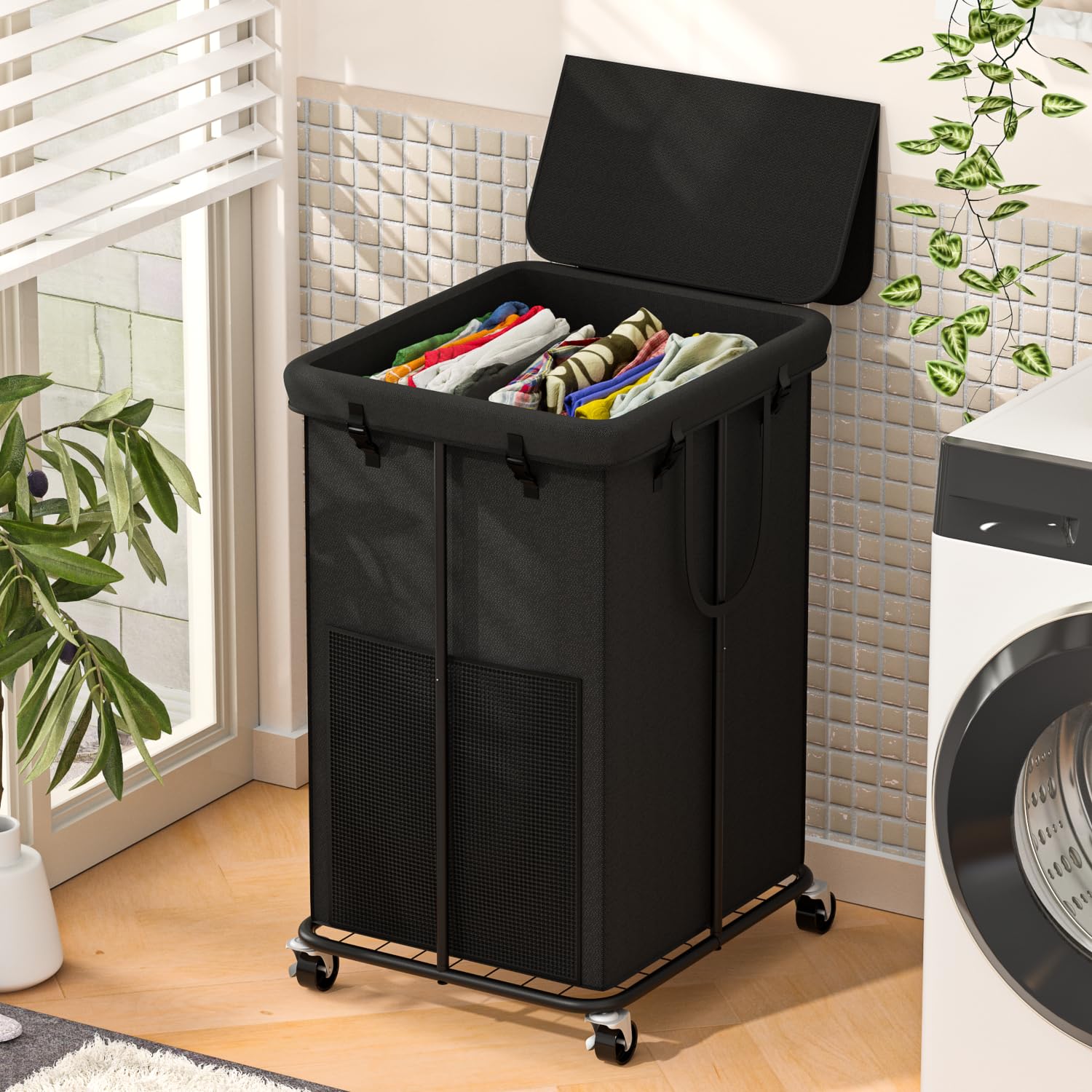 Cestas grandes para la colada de 150 litros con tapa, cestas para la colada de tela Oxford, marco de metal y bolsa extraíble, diseño con ruedas para dormitorio, baño, dormitorio, lavandería (tapa