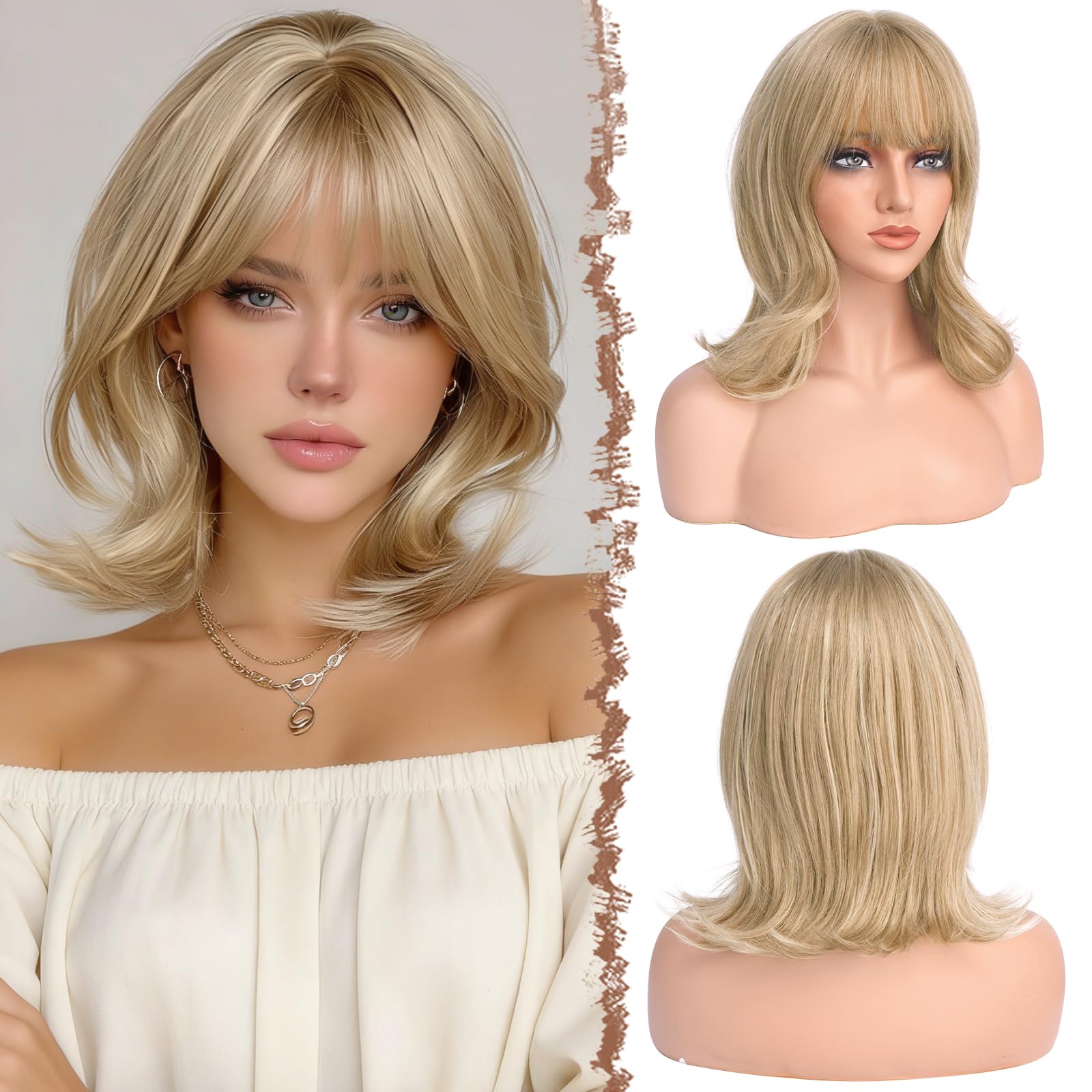 FESHFEN Pelucas Ondulada Bob con Flequillo - Rubio Sucio Pelucas a Capas para Mujeres Naturales Sintético Peluca para Diaria Fiesta Carnaval, 35 cm