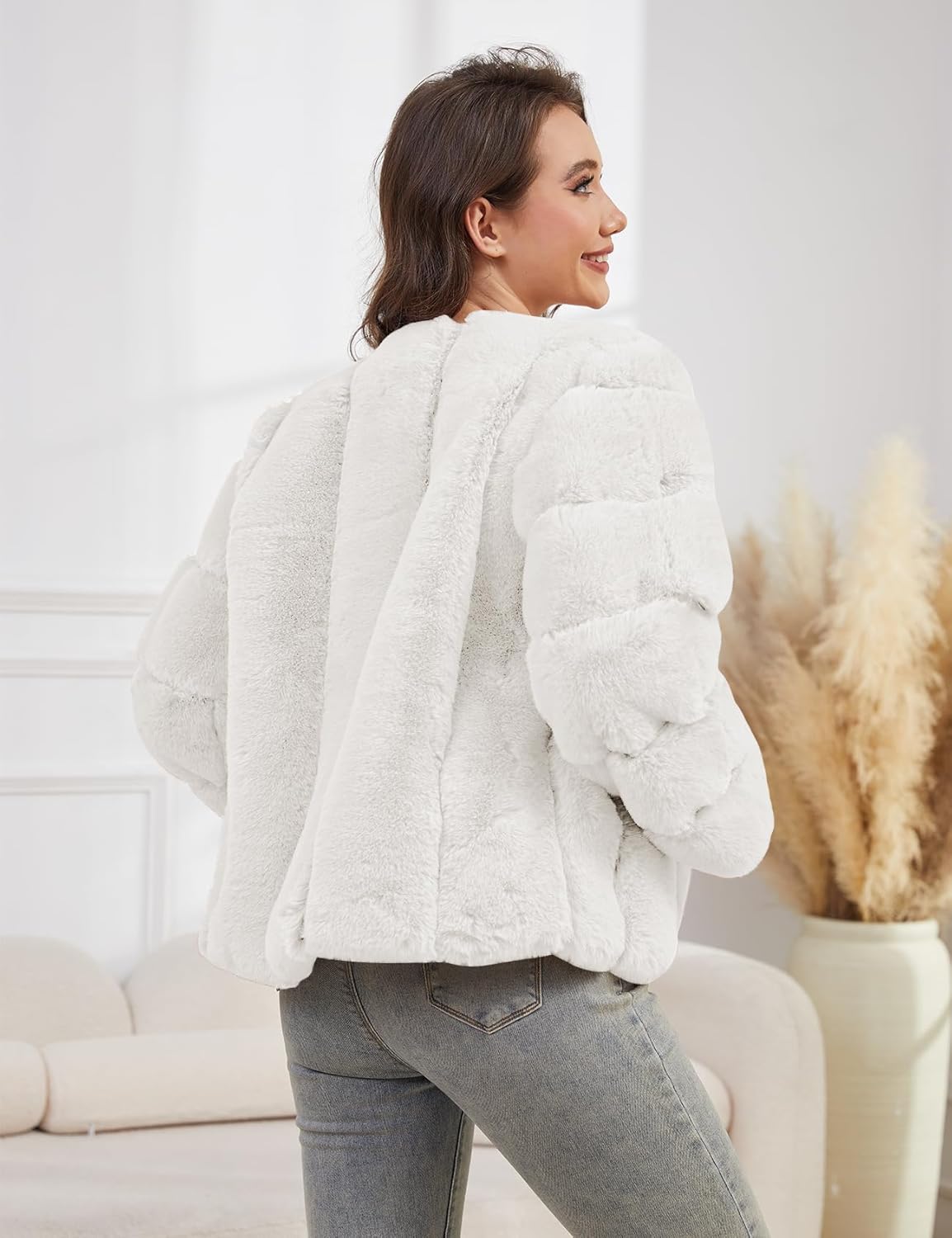 Womens Faux Fur Coat Long Sleeve Open Front 2025 Warm Winter Cropped Jacket