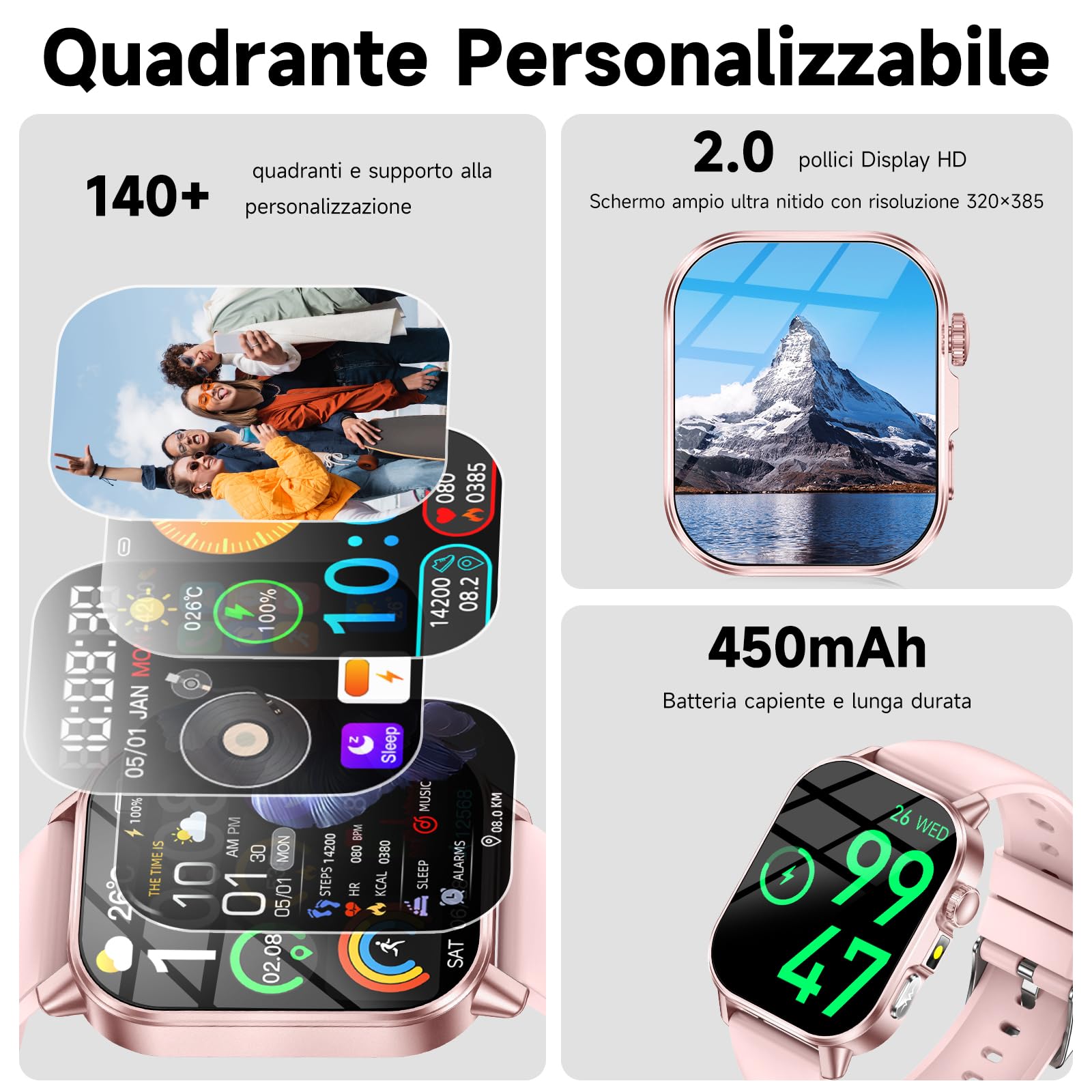 2026 Nuovo Smartwatch Donna con ECG/Pressione Sanguigna/Sonno/Acido Urico/Temperatura/HRV/Cardiofrequenzimetro/BMI/Emozioni/Fatica, 2,0"Orologio Salutare con Torcia LED/Funzione Telefono/Pulsante SOS