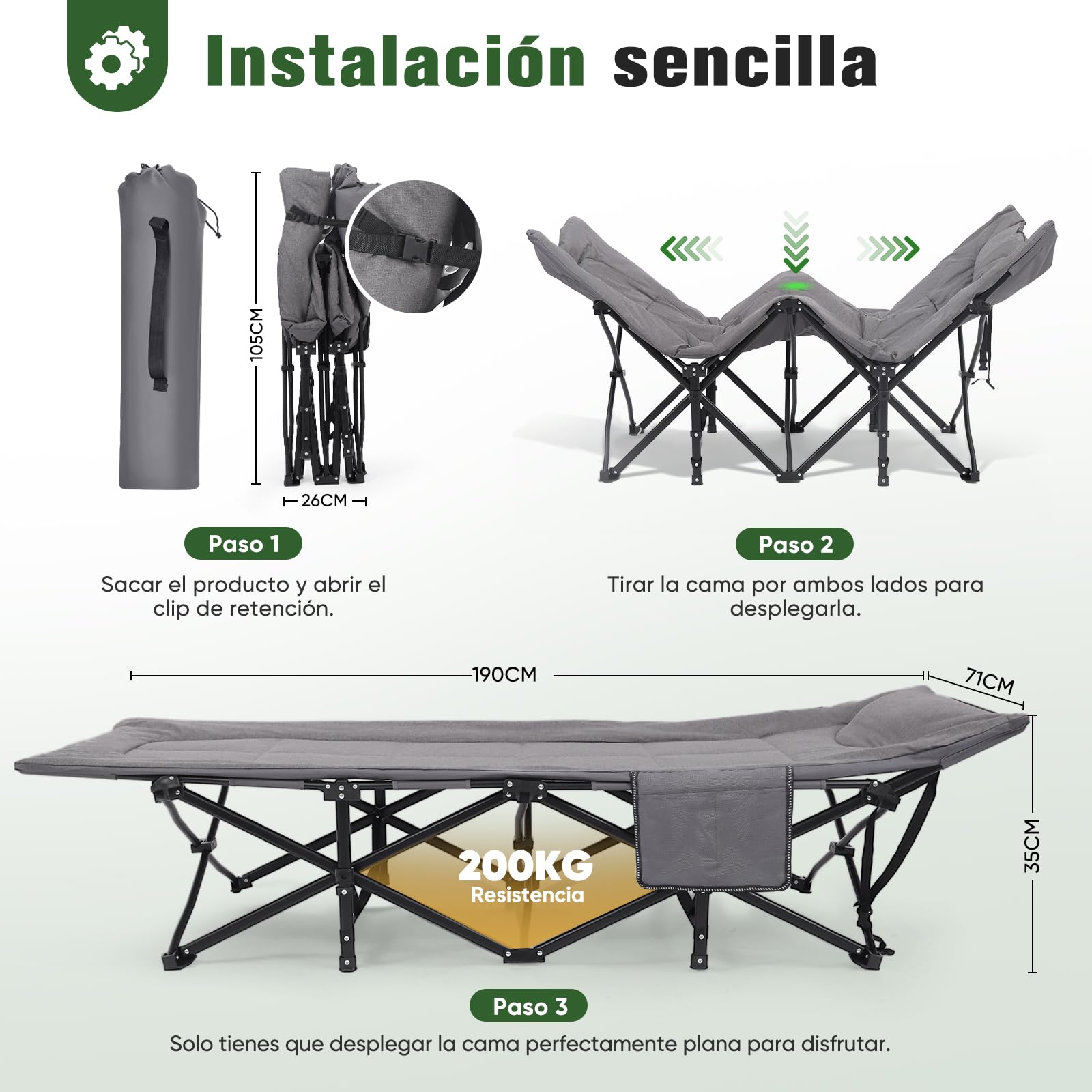 Sekey Cama de Camping Plegable con Acolchado y Bolsillo Lateral, hasta 190 x 71 x 36 cm, Superficie de Descanso Muy Ancha, Tumbona de Camping para Exterior e Interior, Ideal para jardín, Camping