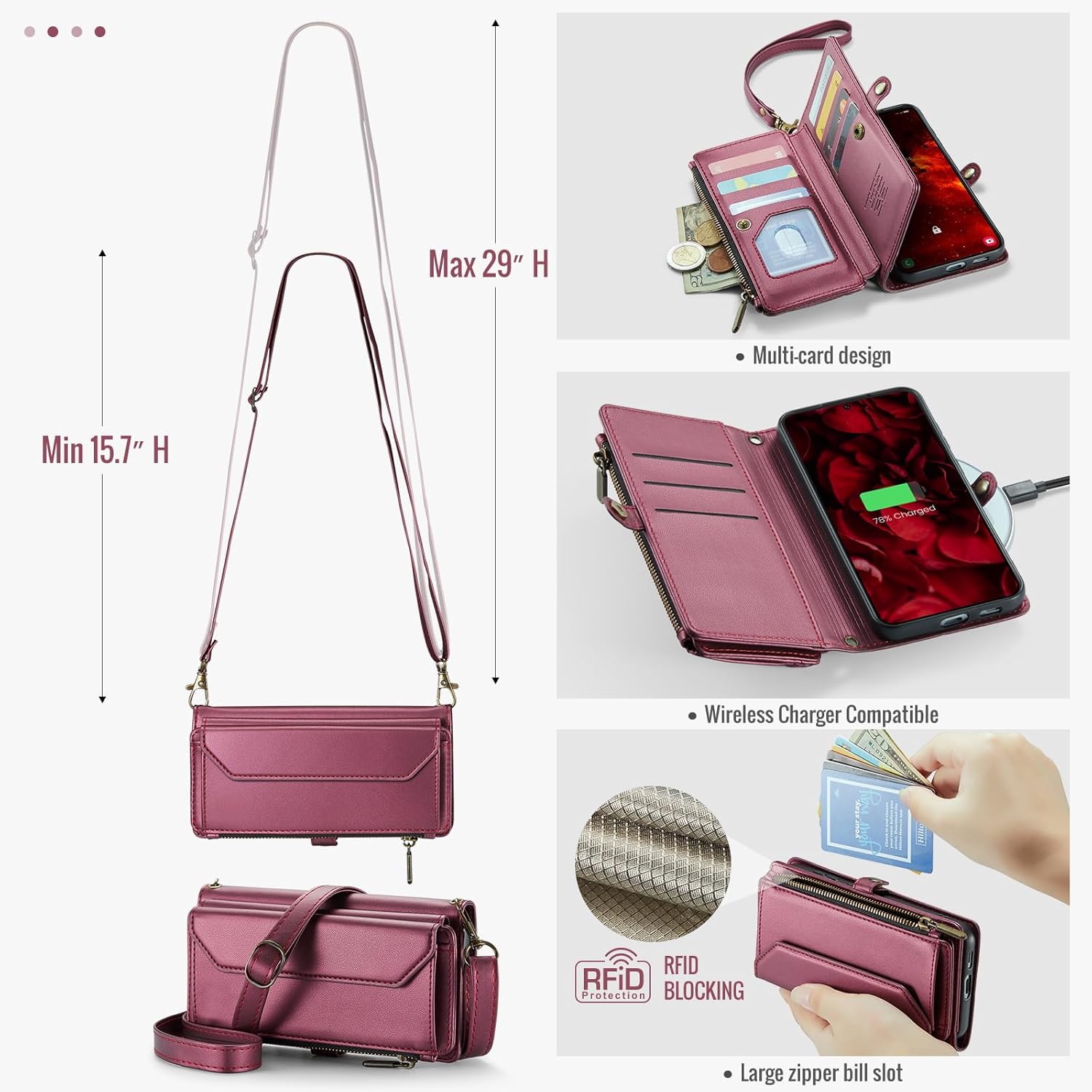 Asuwish Phone Case for Samsung Galaxy S24 FE 5G Zipper Wallet Cover with Tempered Glass Screen Protector and Flip RFID Blocking Card Holder Cell Accessories S 24 EF AI S24FE 24S Women Girls Wine Red