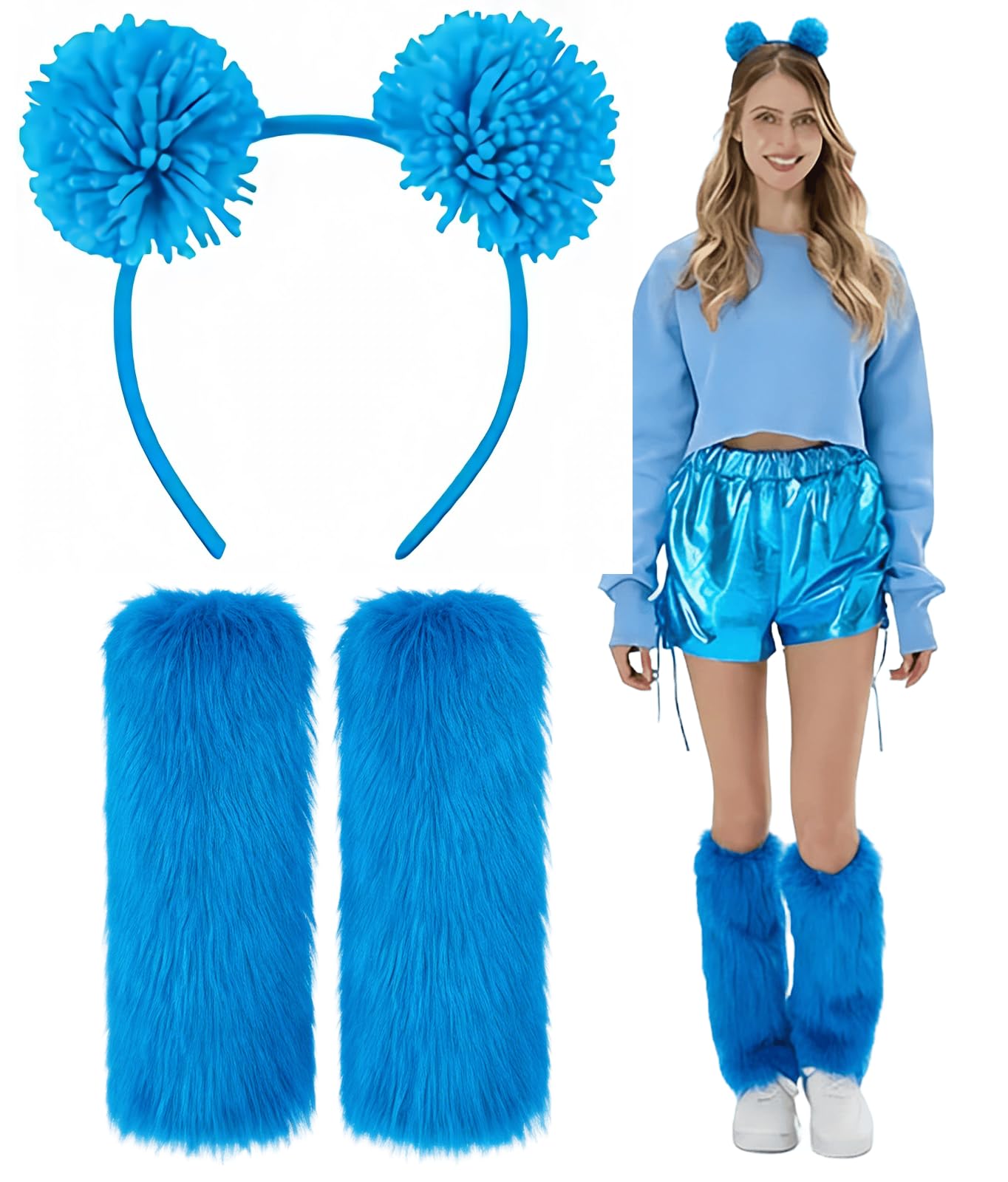 PEZPEOR 2 PCS Blue Bear Costume Accessory Set with Pompom Headband Fluffy Leg Warmers Bobble Hair Bow and Furry Boot Adult Women