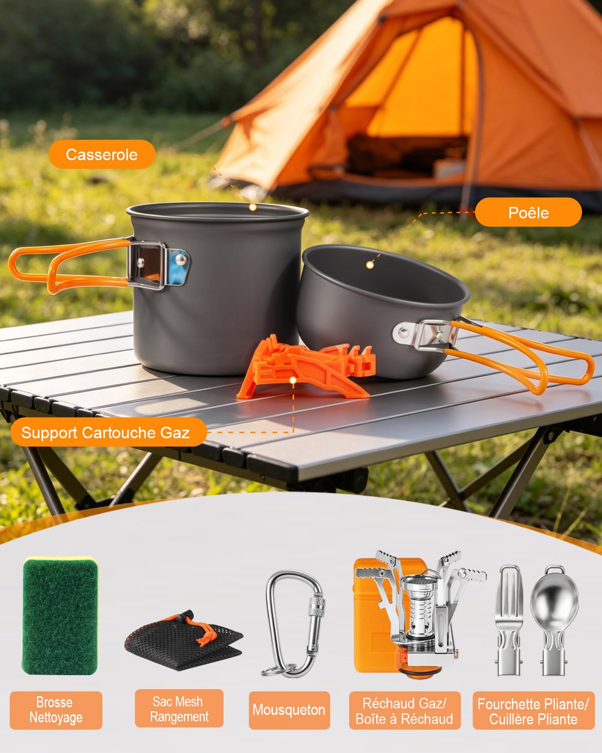 AUTOPkio Kit de Casserole Camping Ultraléger avec Mini Réchaud Gaz | Batterie Cuisine Aluminium, Ensemble Complet pour 1-2 Personnes, Poêle & Ustensiles Compact pour Randonnée Pêche Pique-Nique
