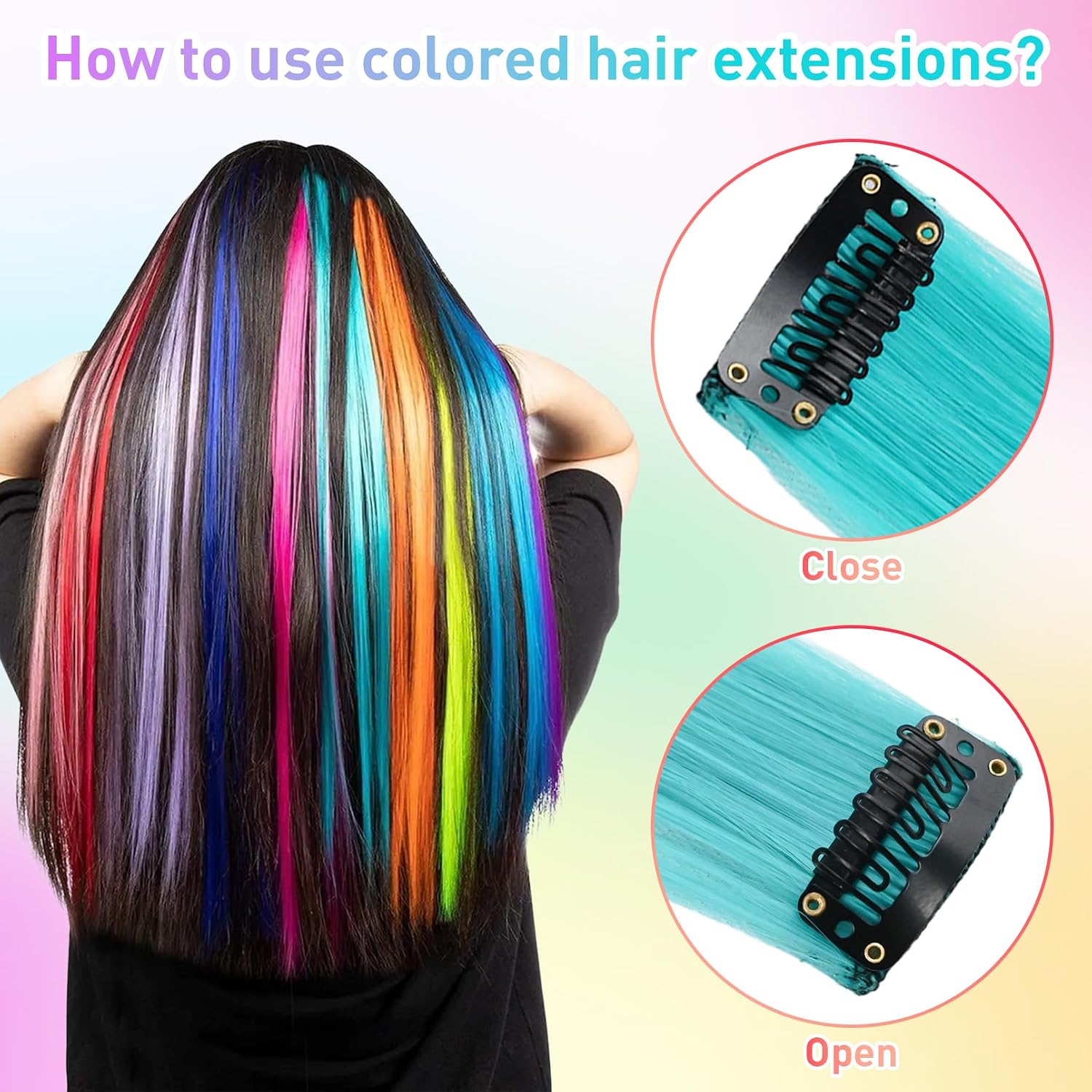 48 Pcs Colored Straight Hair Extensions,Rainbow Synthetic Hairpieces Color Highlights Clip in Hair Extensions for Women Cosplay Party Gift,Hair Accessories(Multicolored)