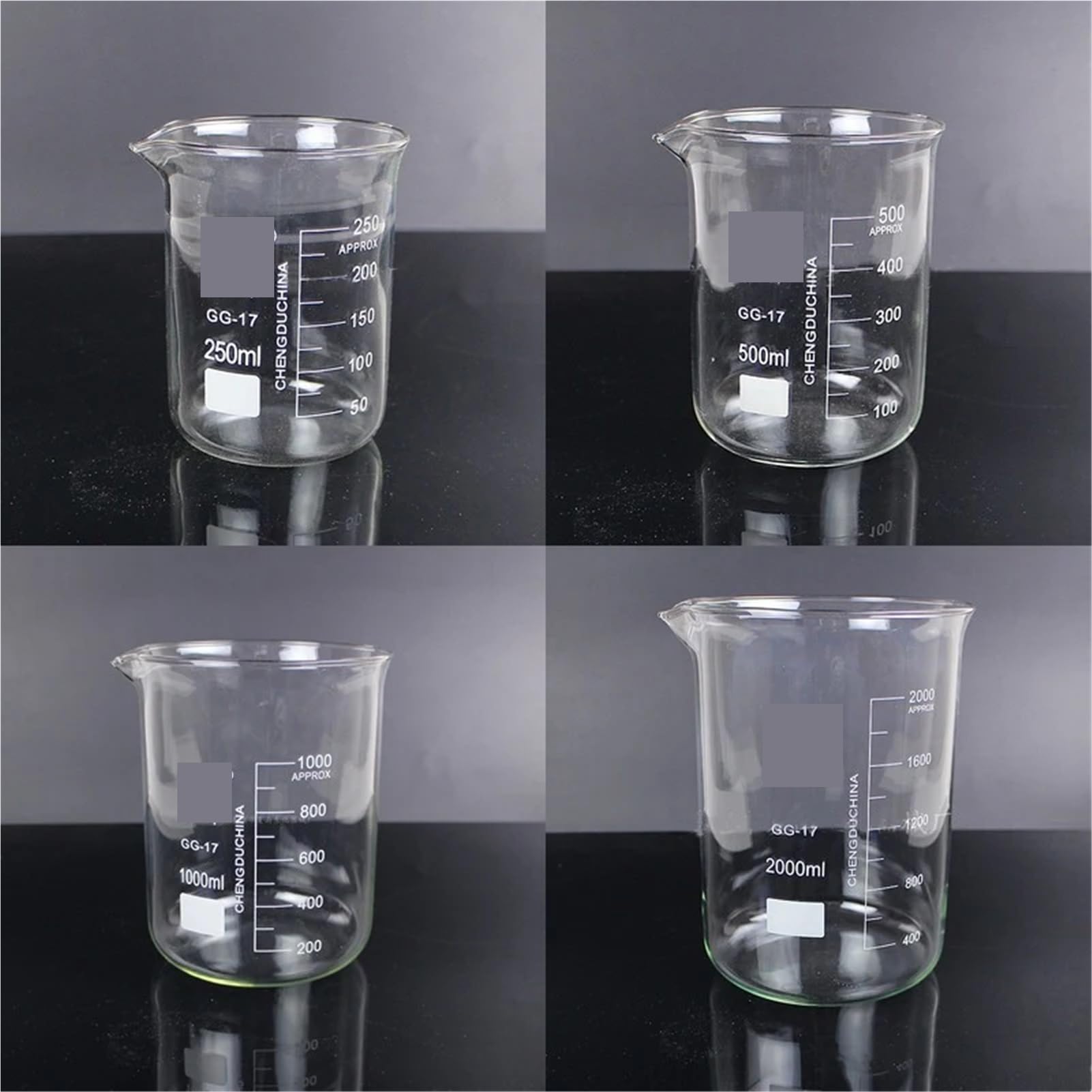 Vasos de precipitados de vidrio de borosilicato (250 ml, 500 ml, 1000 ml y 2000 ml) resistentes al calor for experimentos de química.