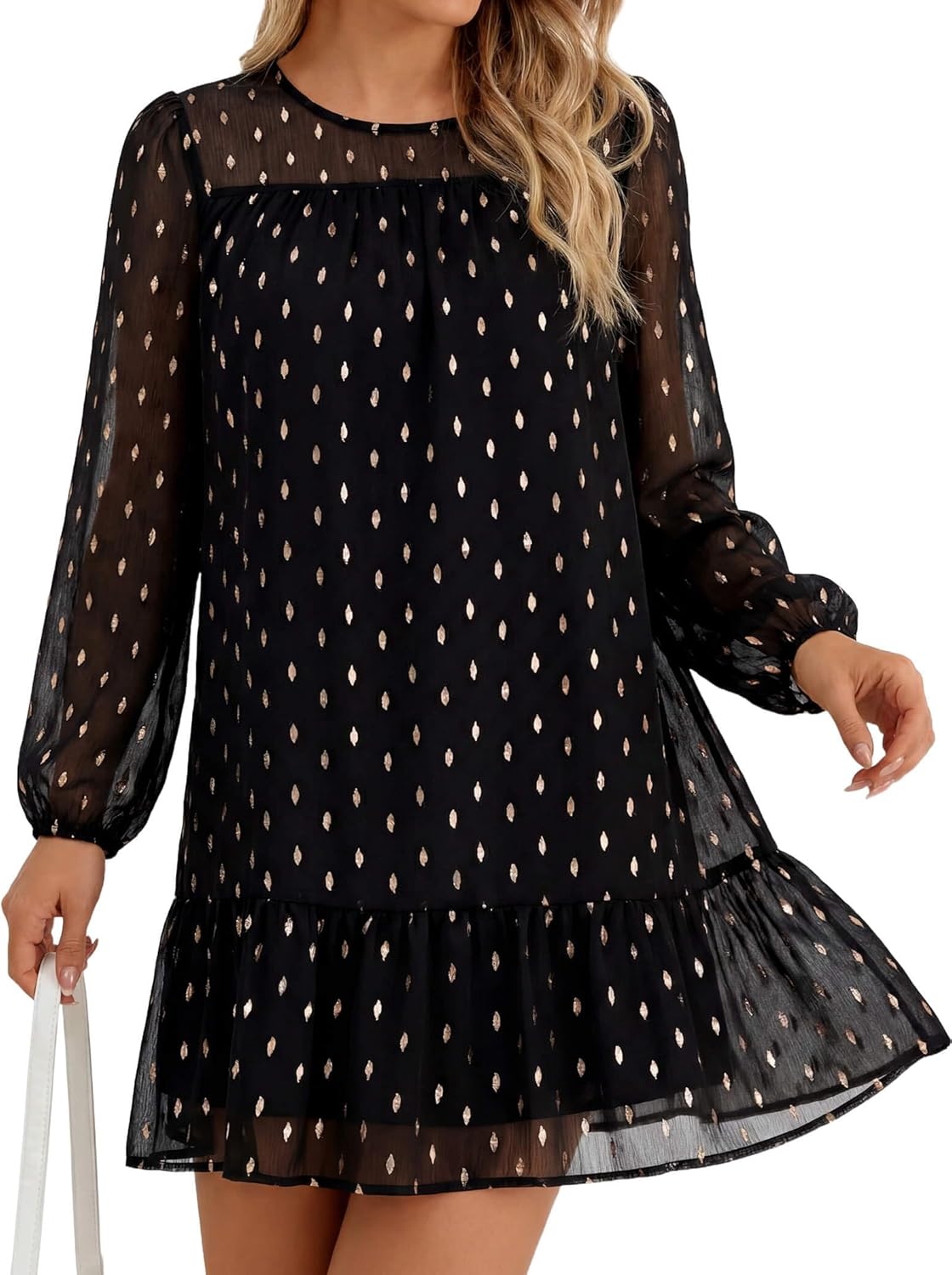Women's Crew Neck Long Sleeve Mini Dress with Tiered Ruffle Skirt Tie Waist for Casual Date Night