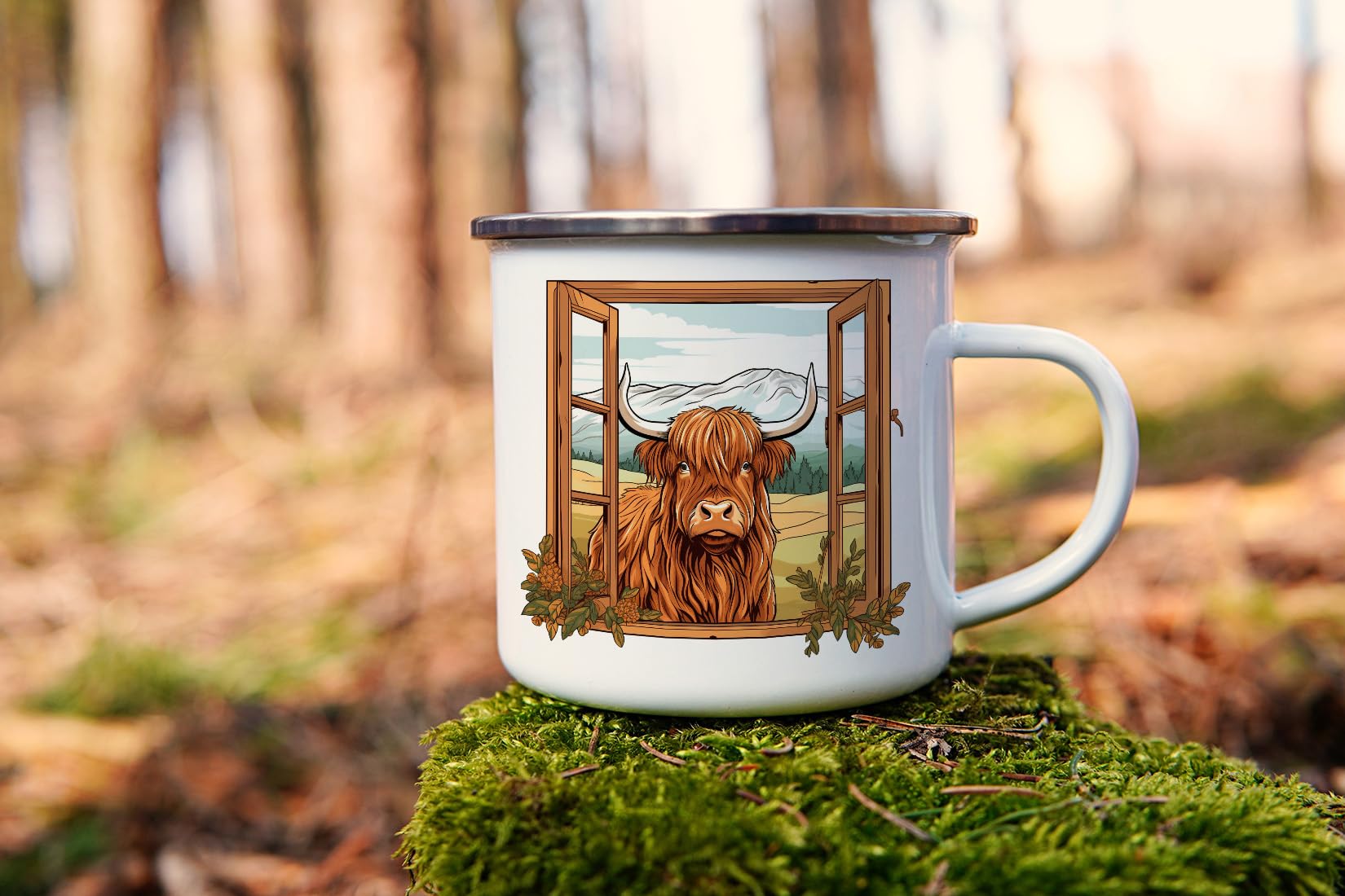 MAXIKIWI - Durable Enamel Coffee or Tea Camping Mug for Indoor Outdoor Use - Funny Highland Cow Outside The - 350ml - Image 2