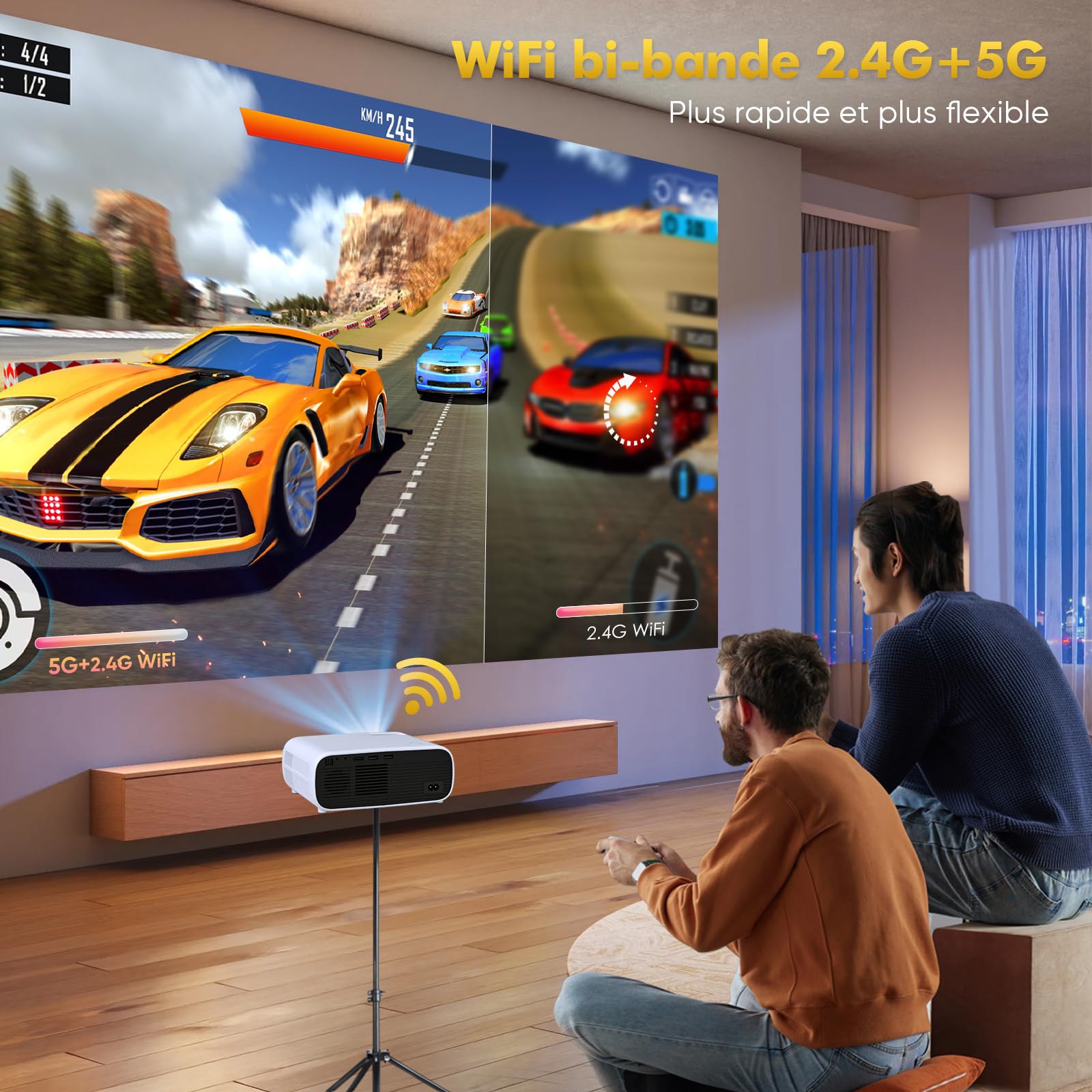 Mini vidéoprojecteur avec WiFi Double Bande et Bluetooth 5.2, Full HD 1080P, 18000 lumens avec Support 4K, Compatible avec PS5 et Switch, retroprojecteur d'affichage HD（Gris）