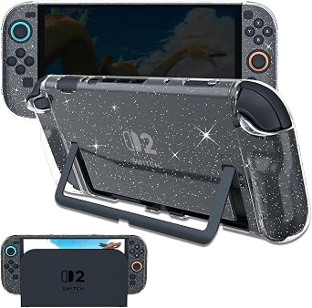 Protective Case for Nintendo Switch 2, Clear Switch 2 Case Hard PC Cover & Soft TPU Ergonomic Joy Con Grip Cover, Dockable Cases Shock-Absorbing & Anti-Scratch Slim Shell Travel Protector, Glitter