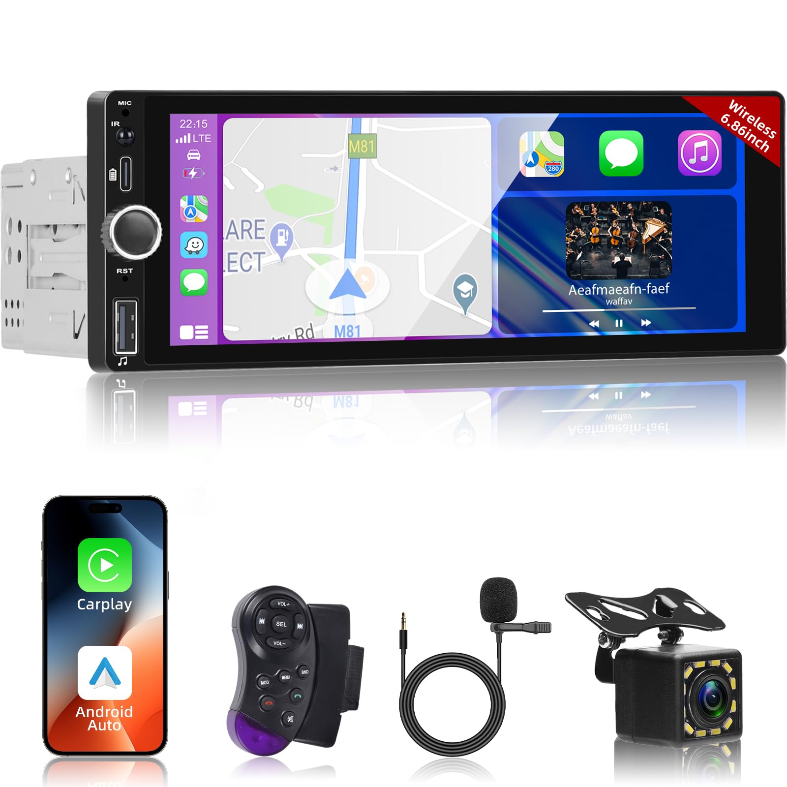 Autoradio 1 Din NHOPEEW 6.9 Pouces - CarPlay/Android Auto Sans Fil - FM, Caméra De Recul - Double USB