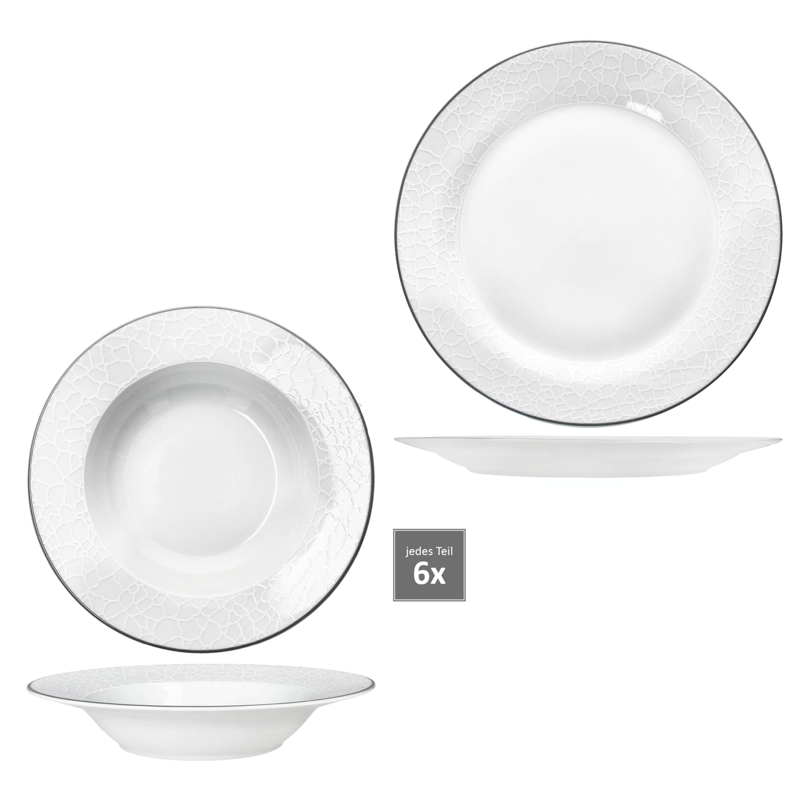 MamboCat Venise Service de table 12 pièces I Vaisselle en porcelaine blanche élégante pour 6 personnes I 6 assiettes plates et 6 assiettes creuses 150 ml avec relief aspect galets avec ligne grise