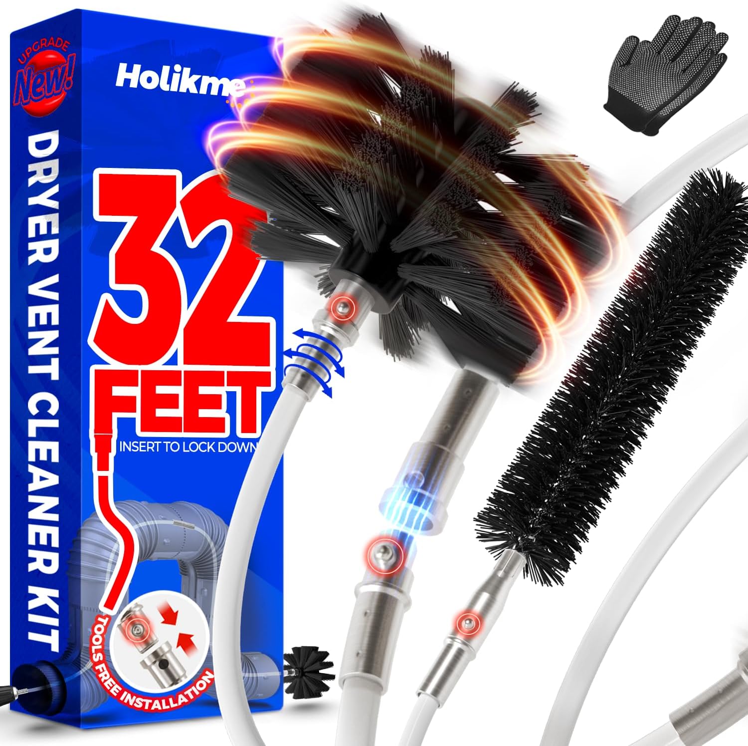 Holikme 32 Feet Dryer Vent Cleaner Kit, Upgrade Flexible Lint Brush with Drill Attachment, Extends Up to 32 Feet for Easy Cleaning,Use with or Without a Power Drill