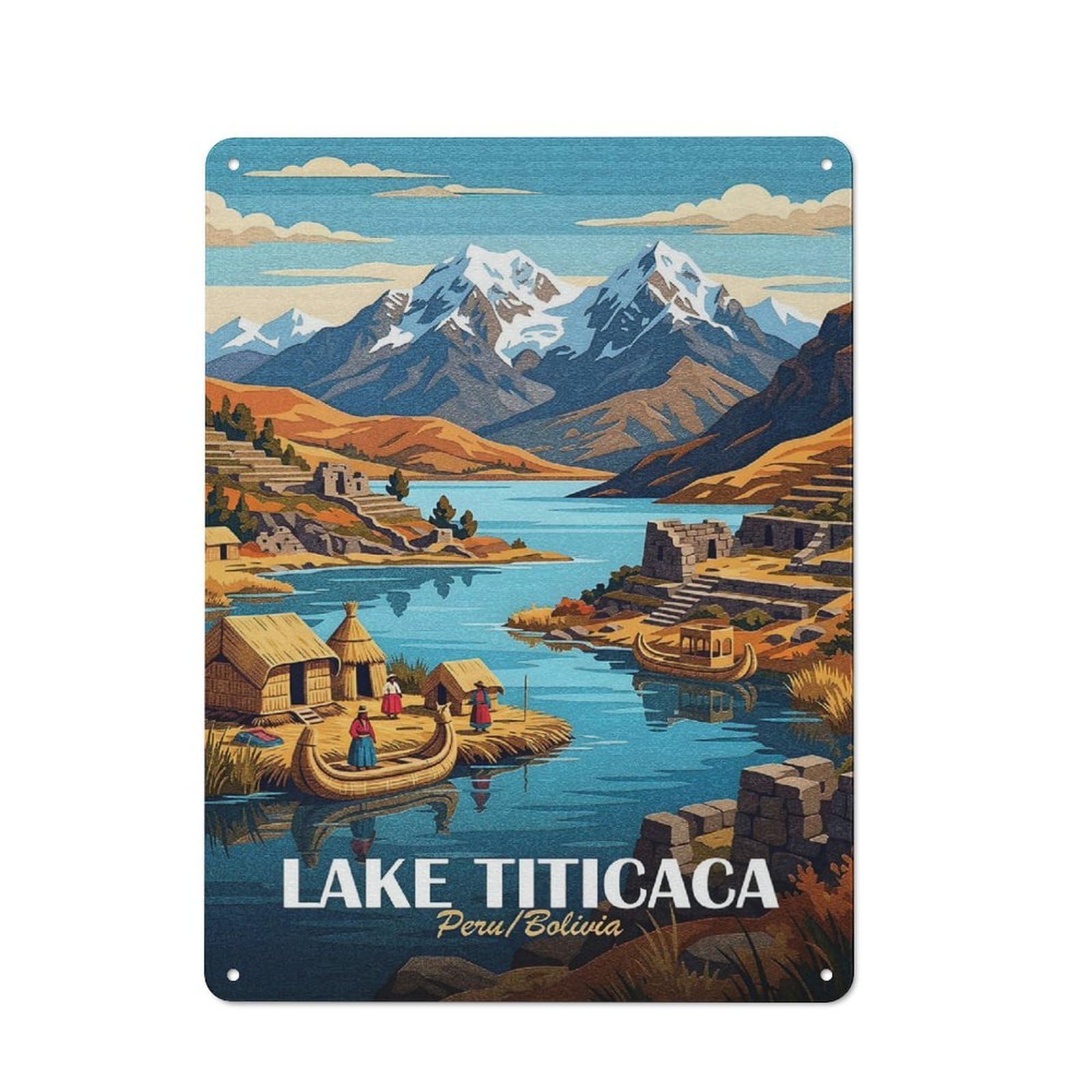 Modern Retro Decorative Metal Plaque 40x30cm Featuring Lake Titicaca Peru Bolivia, Loft Wall Plaque for Flat, Bar, Studio Or Gallery Wall