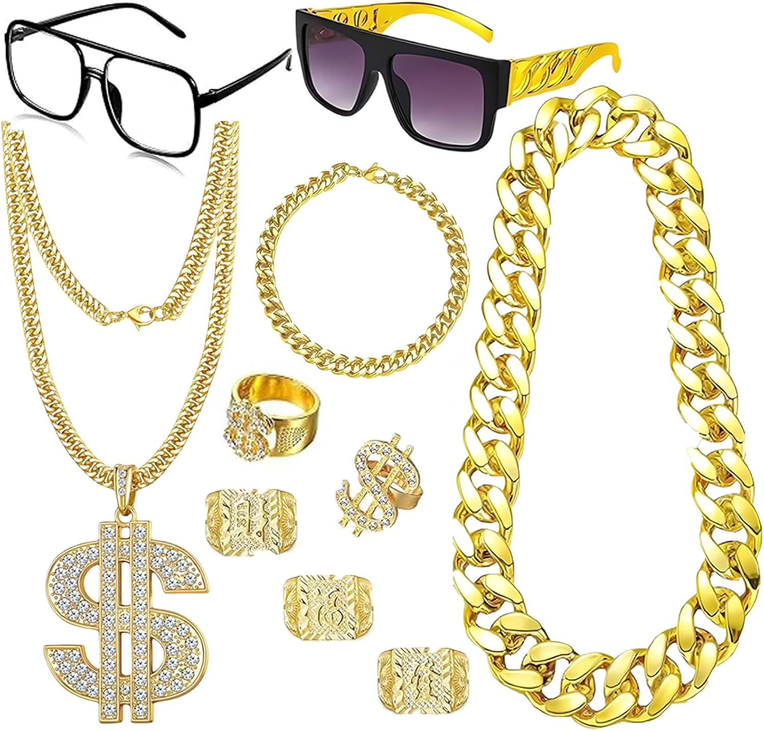 Hip Hop Costume Kit 80s 90s Rapper Accessories, Outfits for Men Women Cosplay Club Old School Themed Party Supplies