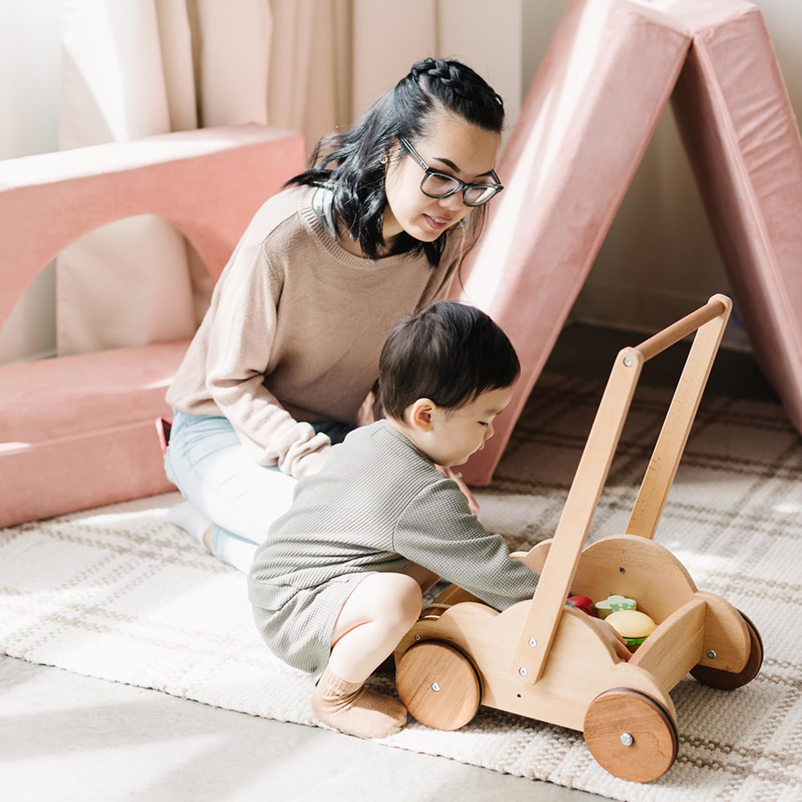 Beright Wooden Baby Walker Push Toy, Learning Educational Walking Toys for Babys Toddles, Natural Wood, not with Building Blocks