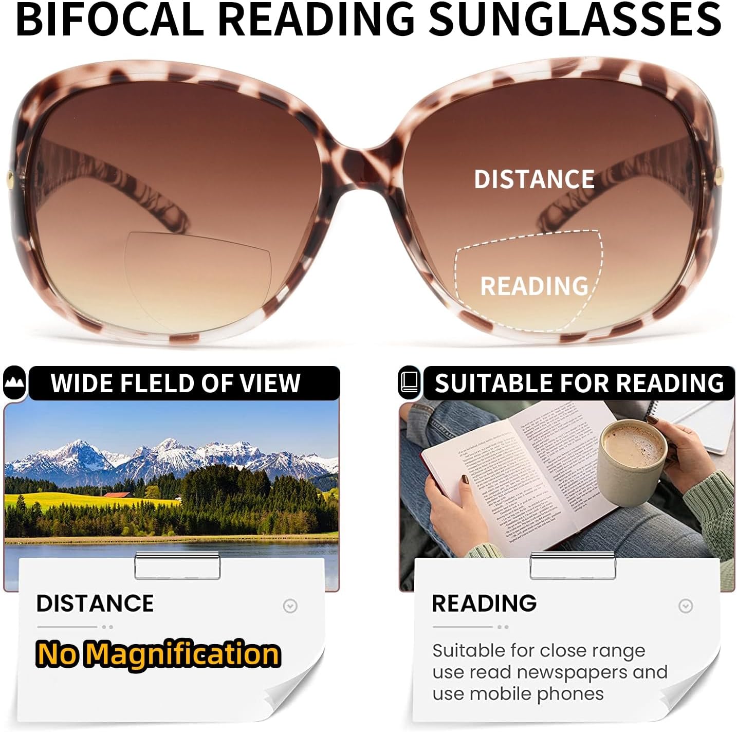 JM Classic Bifocal Reading Sunglasses for Women Vintage Reader Glasses Outdoor UV Protection Tortoise +2.5 - Image 4