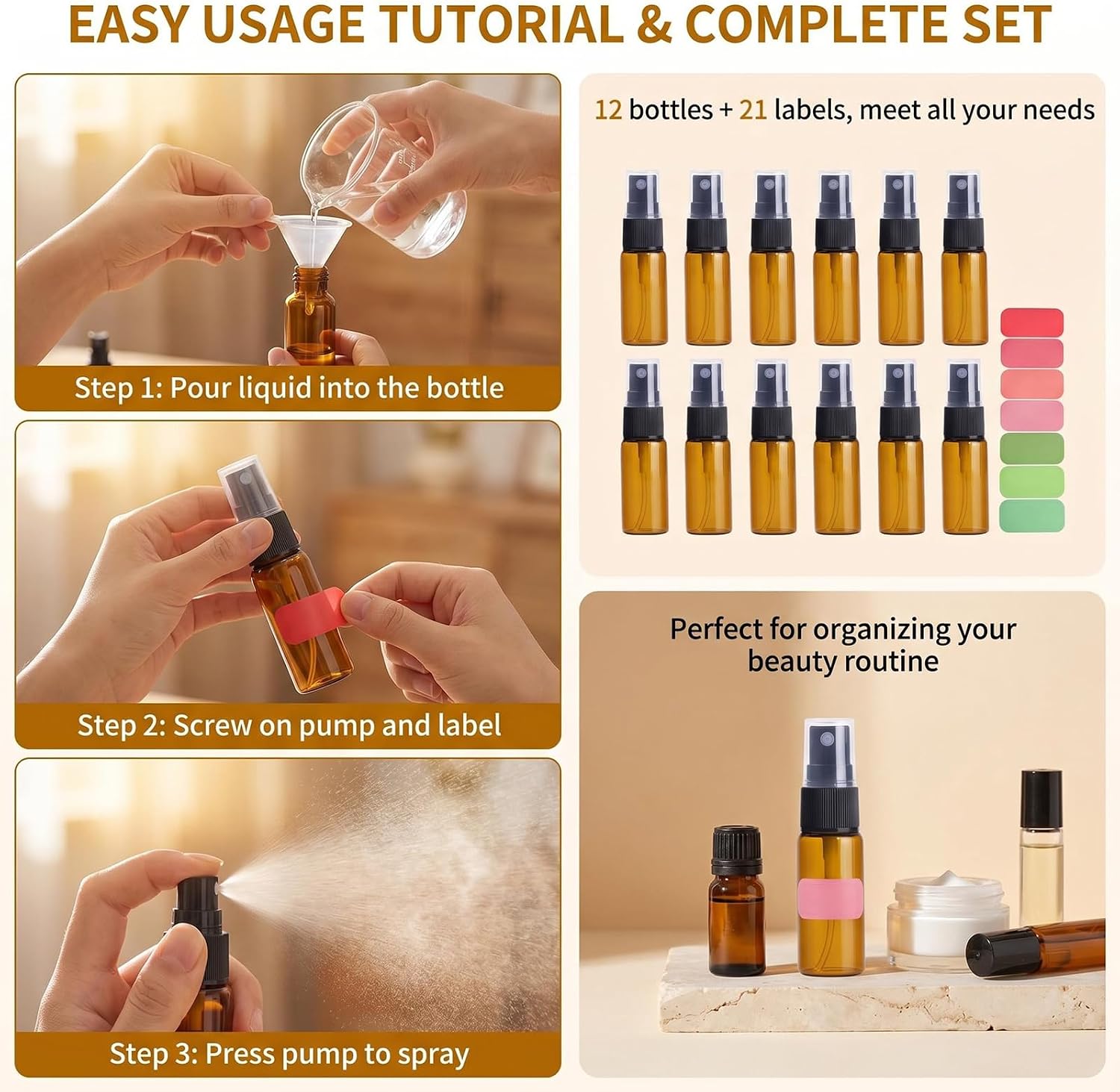 12 Pack 0.17oz Mini Travel Amber Glass Spray Bottles, Black Fine Mist Sprayer with Labels, Portable Small Dispenser for On-the-Go Skincare, Toiletries, Face Hydration