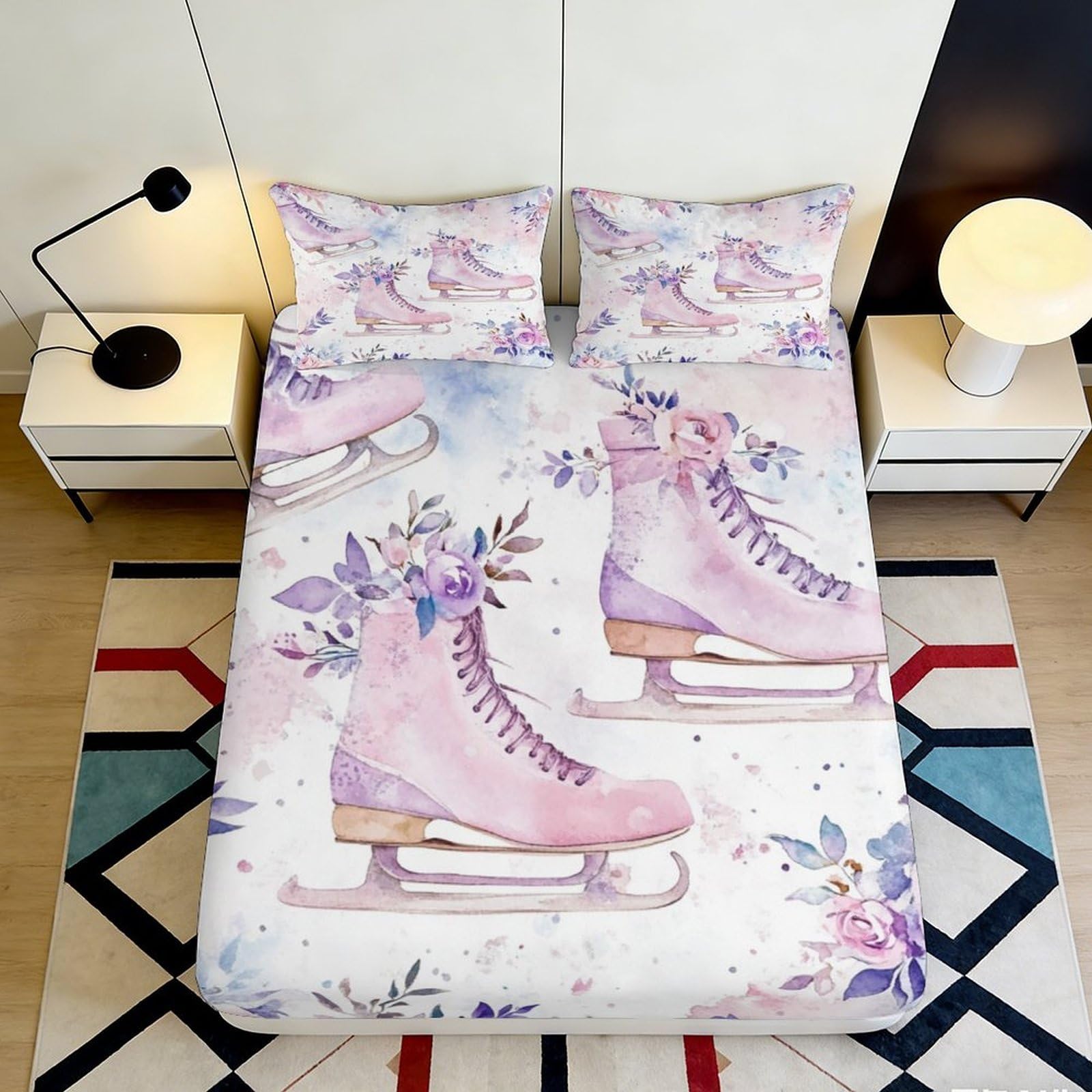 3D Printed Floral Ice Skate Fitted Sheet Microfiber Deep Pocket Non-Slip Floral Ice Skate Mattress Fitted Cover for Bedroom Adults Teens 140x200x25cm