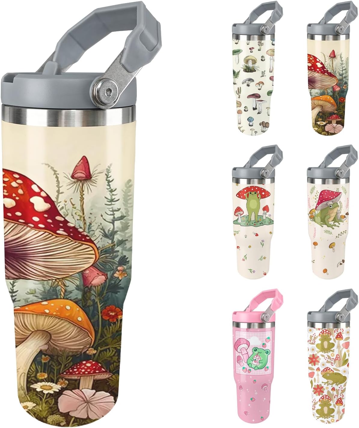 Mushroom Tumbler with Handle 30oz Vacuum Insulated Mushroom Cup with Lid and Straw Mushroom Gifts for Women Men