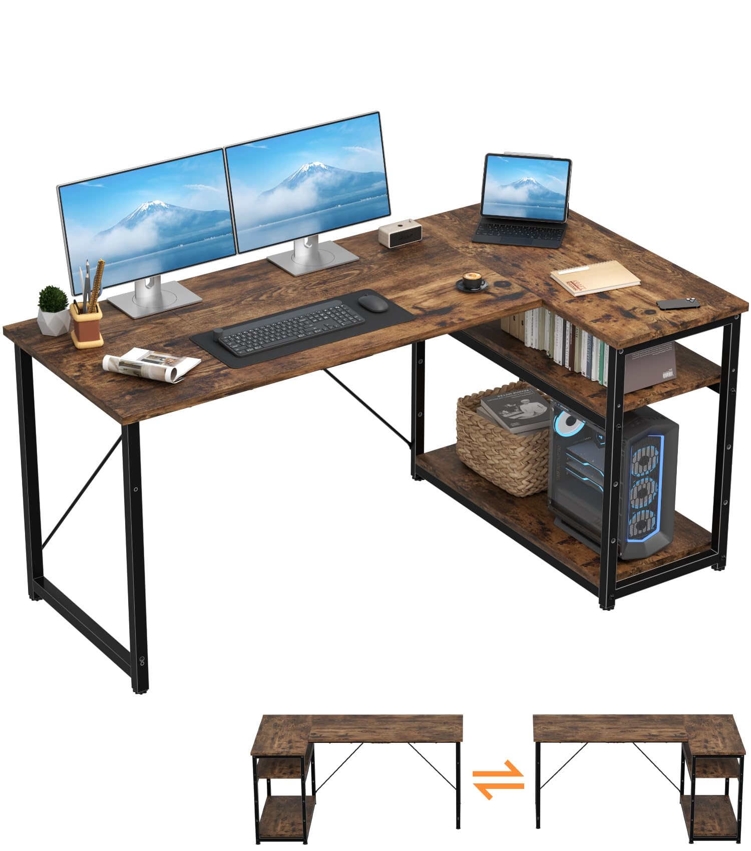 TRIUMPHKEY Escritorio Esquinero en L de 160x80 cm con Almacenamiento, Escritorio de Esquina con Estante Reversible, Estable Mesa Ordenador en L para Oficina, Estudio o Secretaría, Marrón