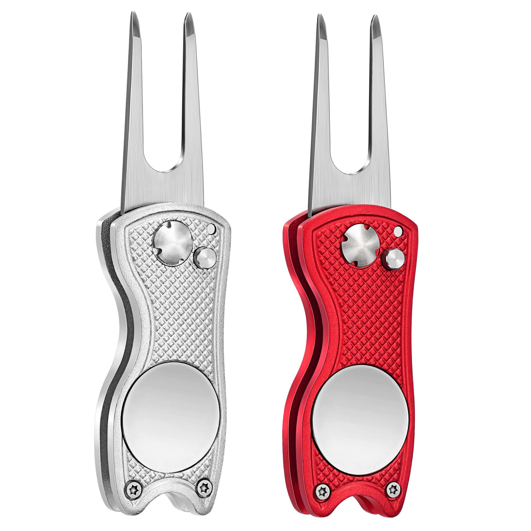 Mile High Life 2-Piece Golf Divot Repair Tool w/ Magnetic Ball Marker | All-Metal Foldable Divot Tool w/ Pop-Up Button | Club Holder | Men's Golf Accessories (Red, Sliver)