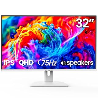 CRUA 32Inch White Monitor, QHD (2560X1440P), 75Hz Computer Monitor, IPS Screen, 120% sRGB, Support AMD FreeSync, Blue Light Filter, HDMI & DP, Built-in Speakers, Wall Mount Installation (75mm*75mm) - Amazon product rated Grade B