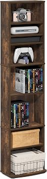 Furinno Jaya DVD Shelf, 8 Tier Tall Narrow CD Rack Media Shelf with Adjustable Shelves, DVD Storage Cabinet for CD Bluray Game Discs, Easy to Assemble, Living Room, Home Office, Amber Pine