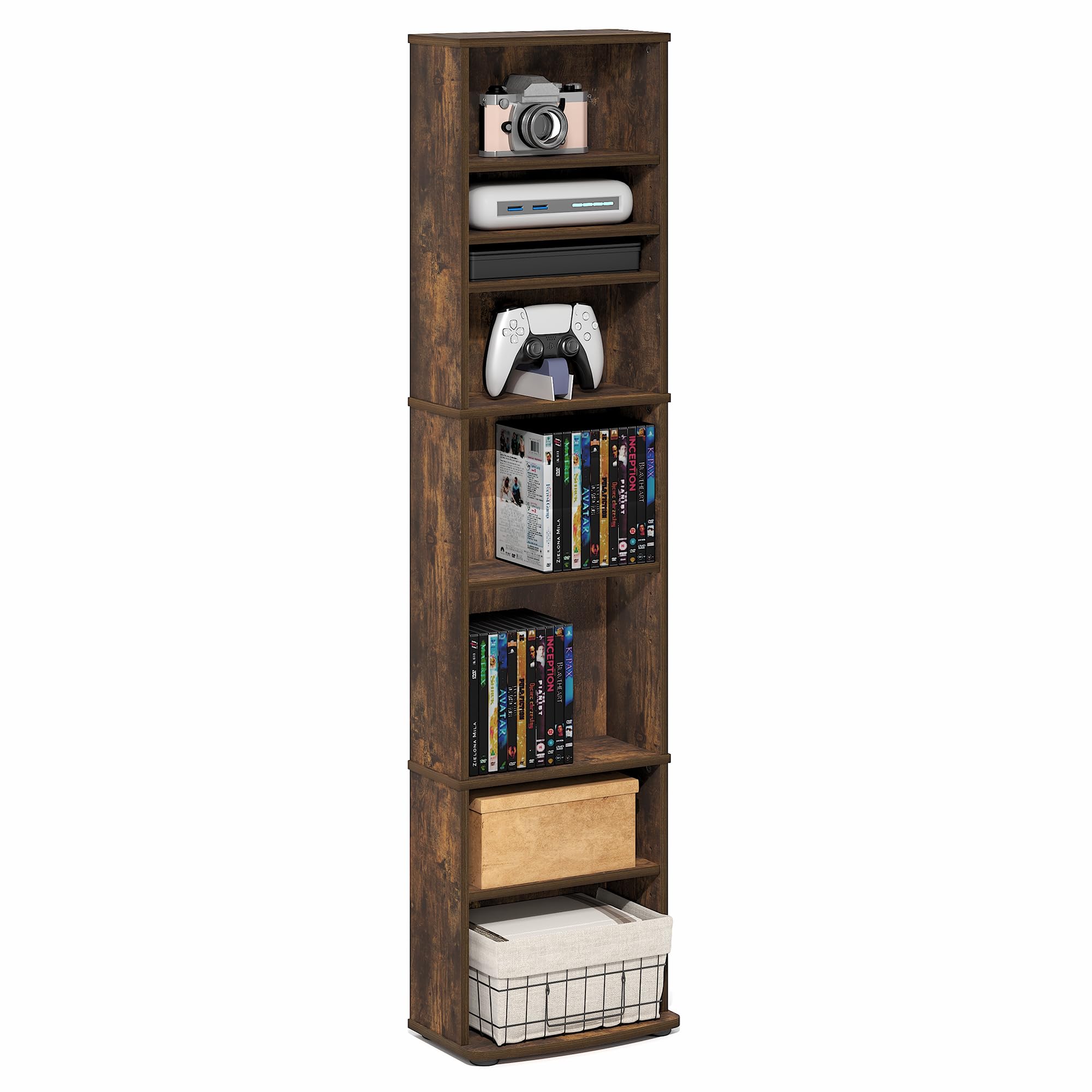 Furinno Jaya DVD Shelf, 8-Tier Tall Narrow CD Rack, Media Shelf with Adjustable Shelves, DVD Storage Cabinets for CD Bluray Game Disc, Easy Assembly, for Living Room, Home Office, Amber Pine