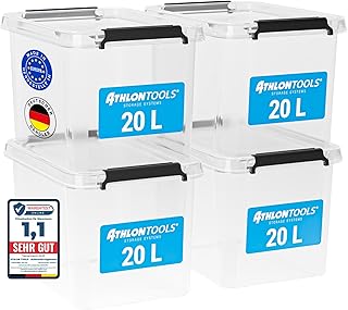 ATHLON TOOLS 4er Set 20l Aufbewahrungsboxen mit Deckel - BPA-freie & lebensmittelechte Aufbewahrungsbox mit Verschlussclips - 100% Neumaterial - Plastikbox transparent - Stapelbare Kunstoff Box