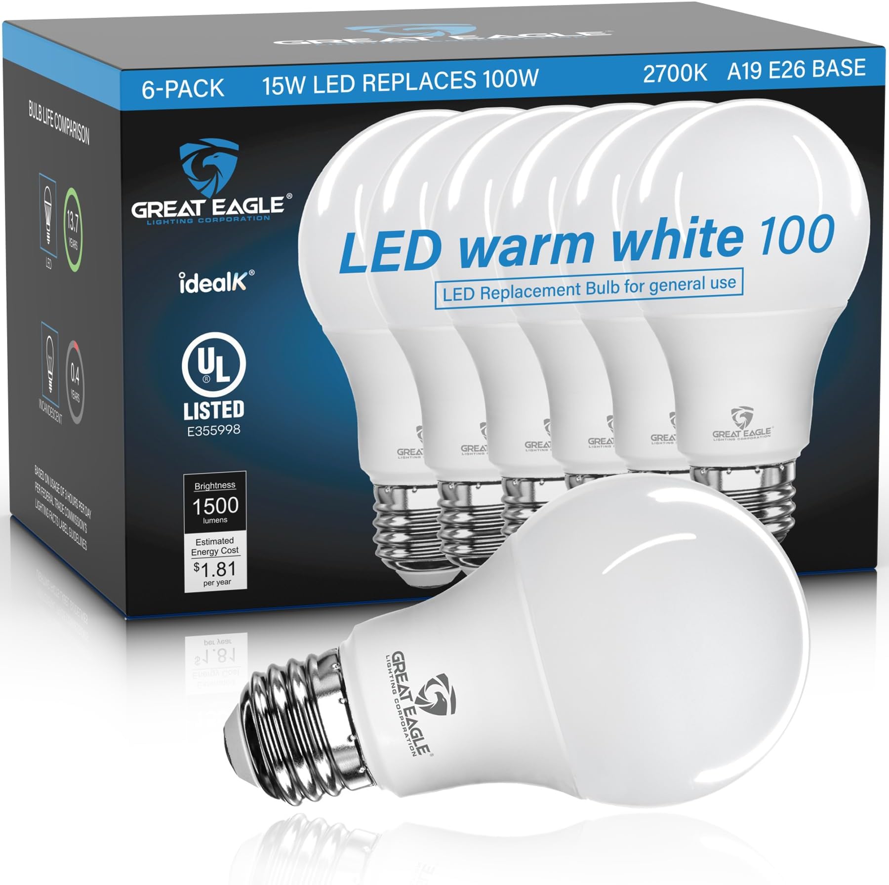 Great Eagle A19 LED Light Bulbs 100 Watt Equivalent - UL Listed - Warm White 2700K LED Light Bulbs, 15W Non-Dimmable, 1500 Lumens (6 Pack)