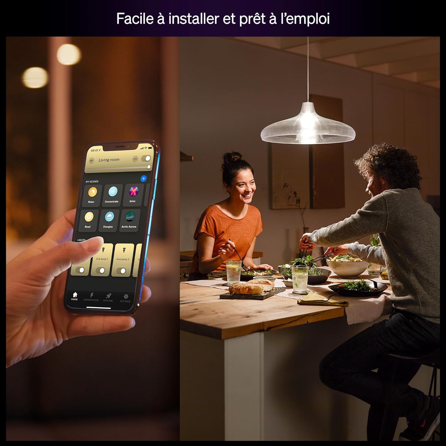 Philips Hue Ampoule connectée A60 LED, Lumière blanche chaude 2700 K, Ampoule Philips Hue E27, 9,5 W, 810 lumens, Intensité variable, Compatible Alexa, Google Assistant et Apple Home, pack de 4