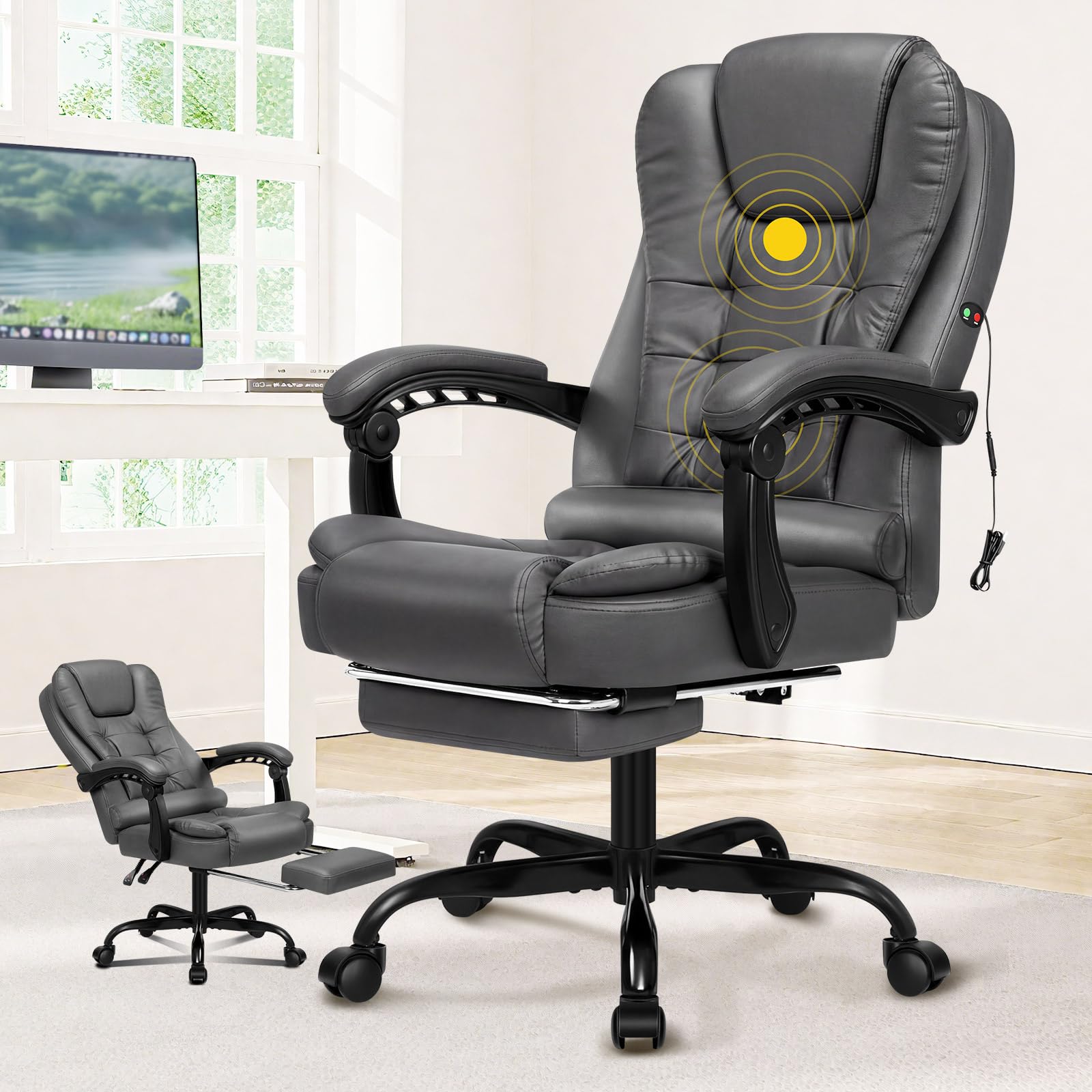ALFORDSON Chefsessel Bürostuhl Massage Schreibtischstuhl 150°-Neigung, Computerdrehstuhl, ergonomischer Drehstuhl Ausziehbare Fußstütze, höhenverstellbarer,belastbar 180 kg, Leinen, Schwarz