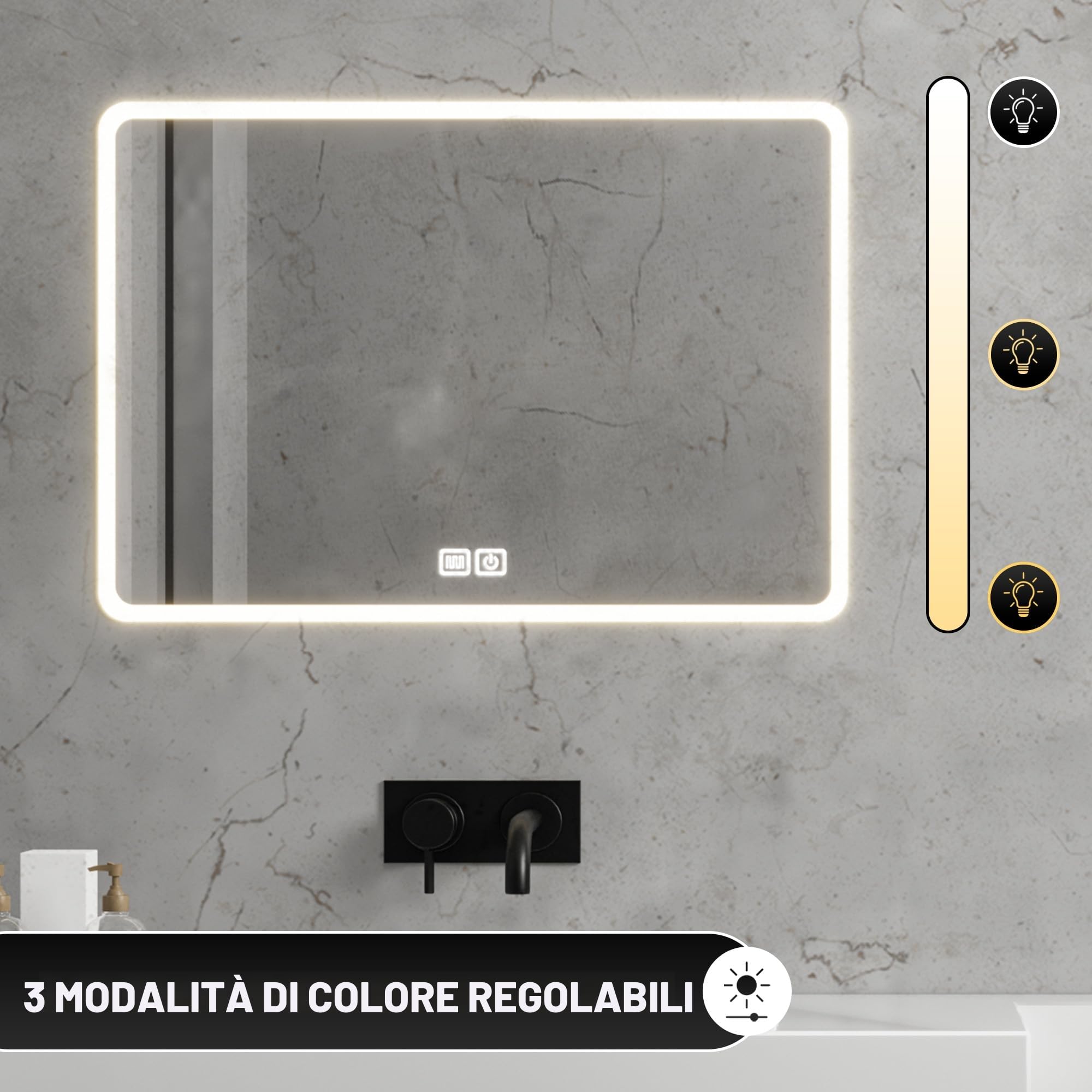 Bayt Specchio da Bagno LED con Luci 52x75cm - Specchio da Bagno LED Dimmerabile a 3 Colori | Specchio Illuminato da Muro Antiappannamento | Specchio da Bagno Moderno a Muro Rettangolare
