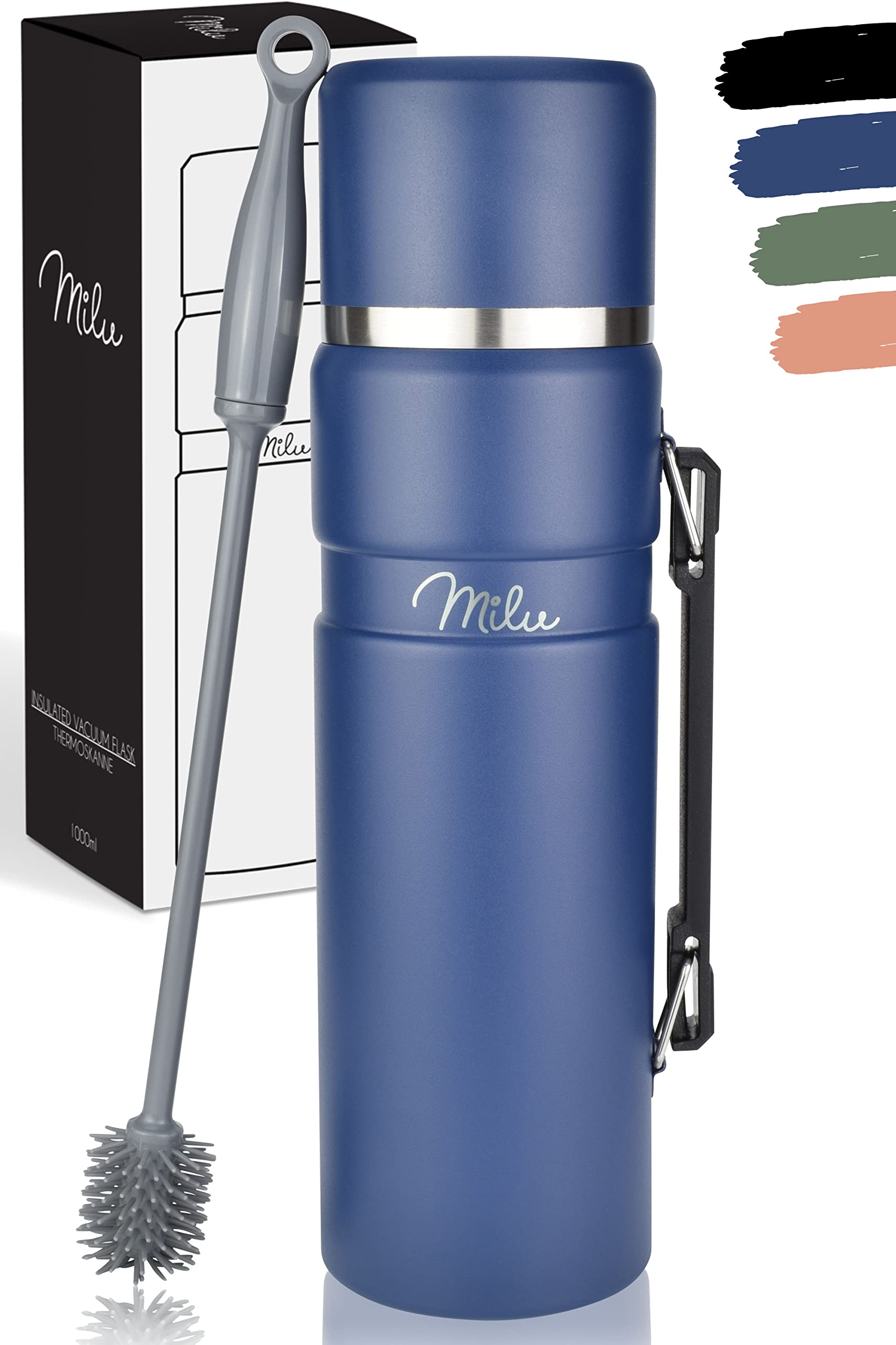 Milu Bottiglia thermos con manico TBottiglia isolata Thermos 1L - Bottiglia isolata in acciaio inox, 100% a prova di perdite, isolamento a doppia parete (Blu Navy, 1000ml)