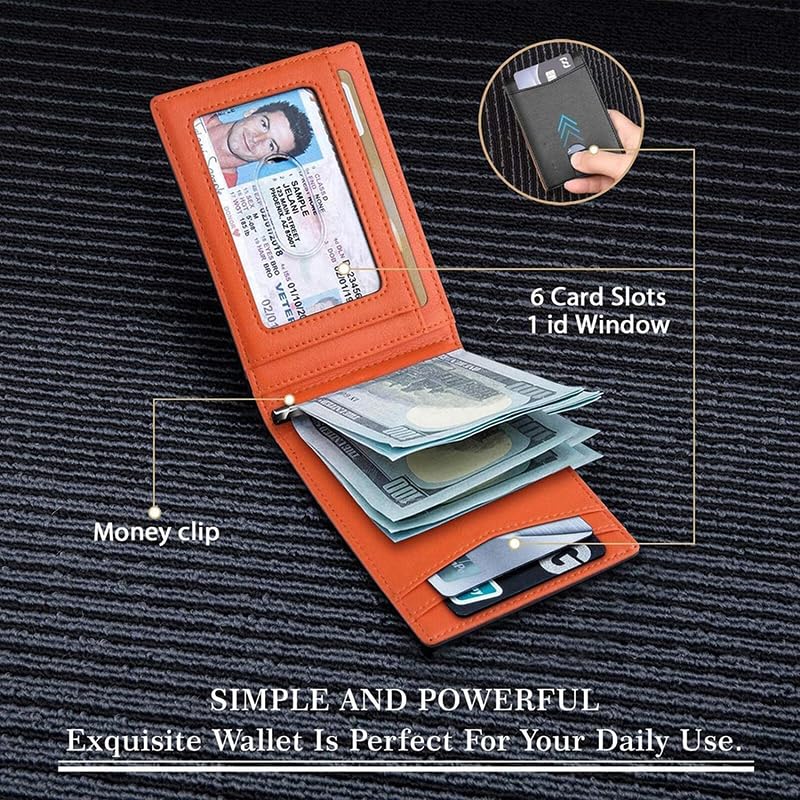 Men's RFID Blocking Leather Card Holder - Slim Minimalist Wallet with Money Clip for Cash & Cards (Orange)3