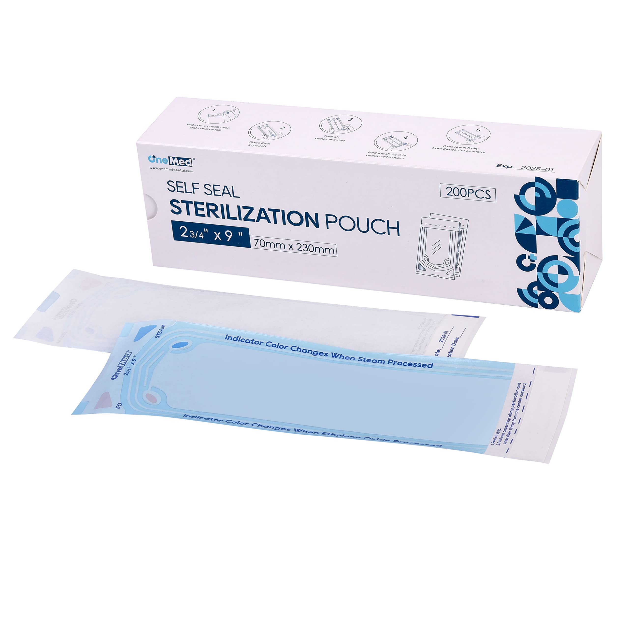 OneMed 200 Pouches Dental Self-Sealing Sterilization Pouches 2.75x9 inch 200/Box 1 Box