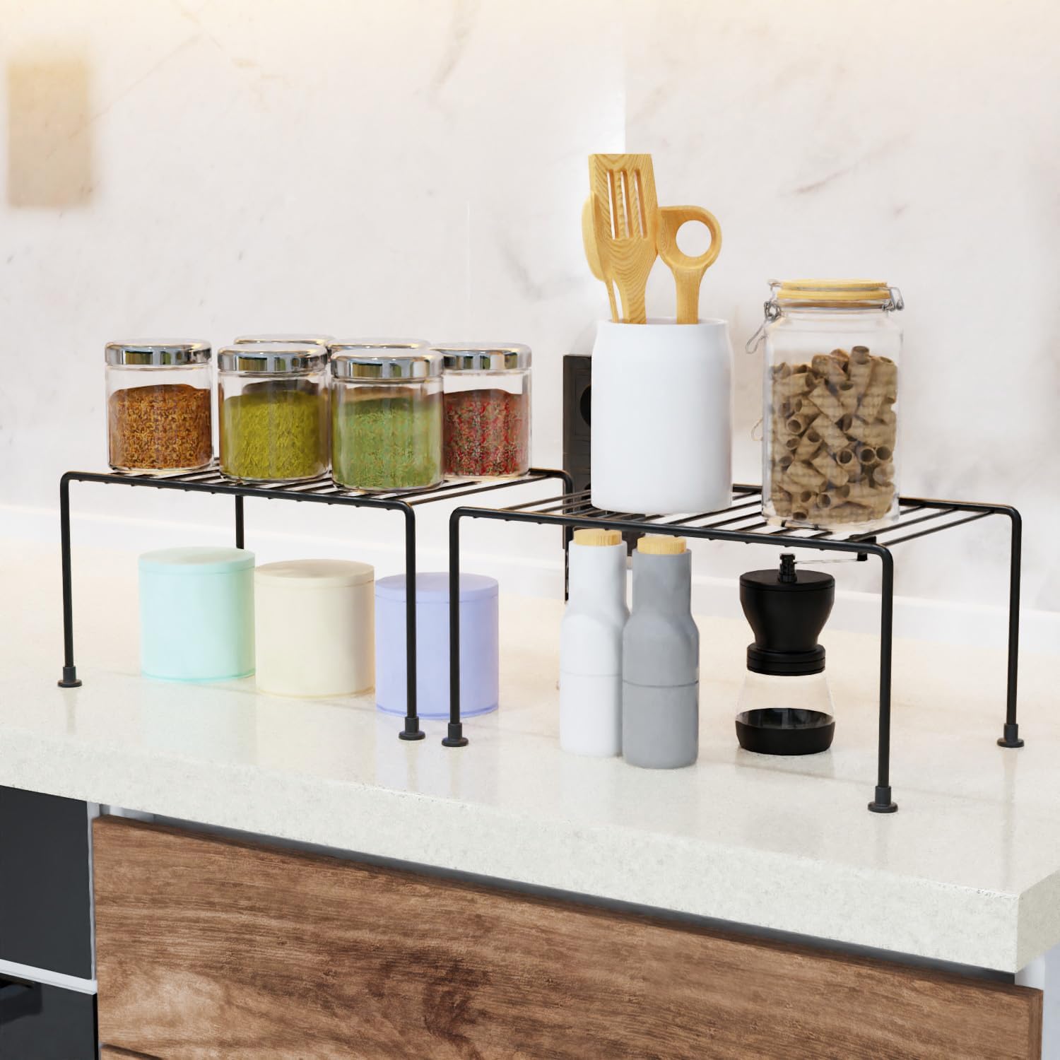TEX-RO Kitchen Shelf Organizer | Cabinet Shelf Riser for Storage | Cupboard Organizer Rack for Kitchen | Under Cabinet Storage for Plates, Bowls, Spices - Metal Wire Rack, Pack of 2-image-36