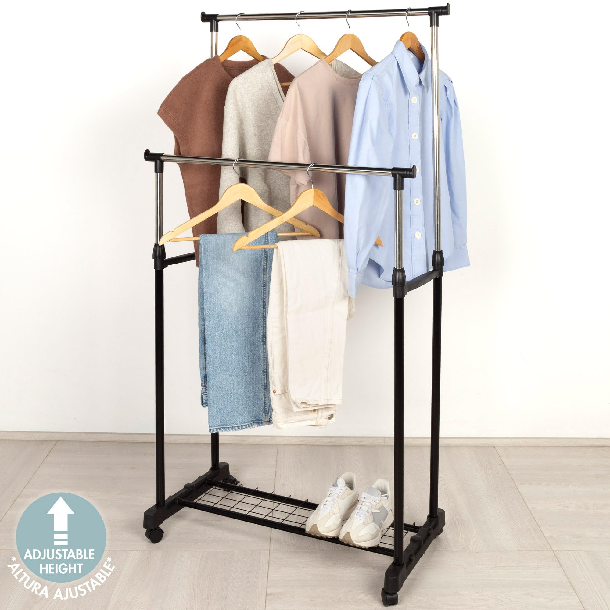 AKTIVE MAX Home Perchero de Ropa Altura Ajustable, 81x44x160 cm, Peso máximo soportado X, con balda para Zapatos, con Ruedas, Doble Barra, Moderno, Negro y Acero, Minimalista (18805)