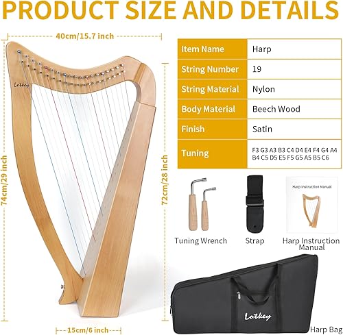 Miniatura 14 de Arpa de lira, Lotkey 23 cuerdas de metal, cuerpo de caoba y tablero de abeto sólido, arpa de lira con llave de afinación, cuerdas de extracción