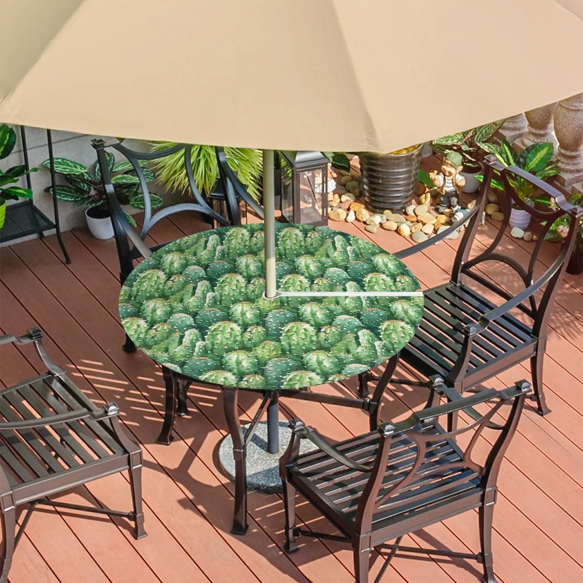 Cactus Placemats Round Outdoor Tablecloth with Umbrella Hole and Zipper Waterproof Fitted Tablecloth with Elastic Edge Table Cover for Picnic Garden, 45''-56''