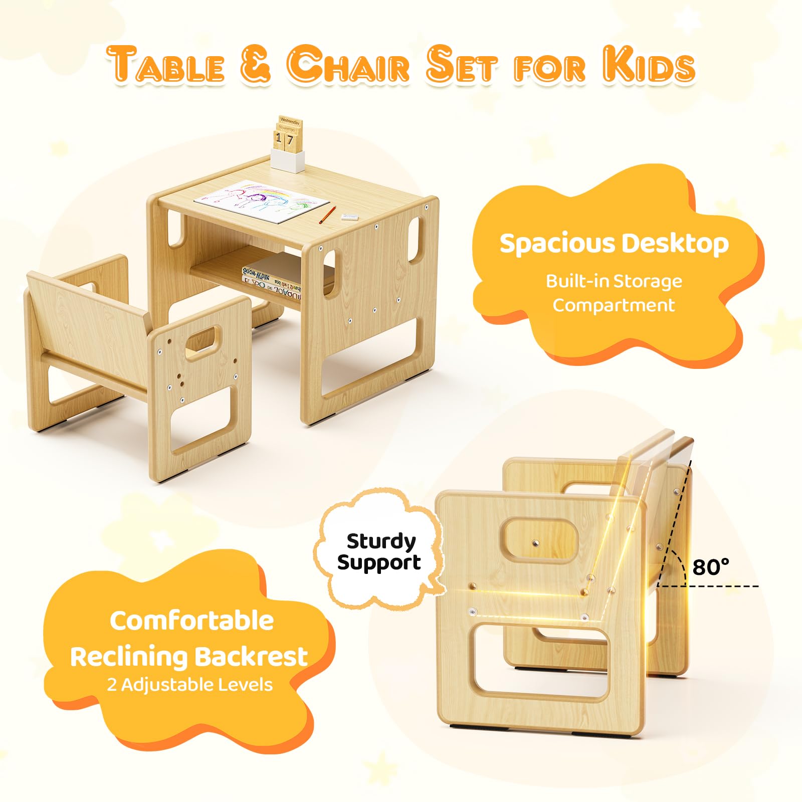 Ensemble table et chaises pour enfants, table de jeu Montessori en bois avec espace de rangement, convient pour les enfants pour lire, jouer, manger