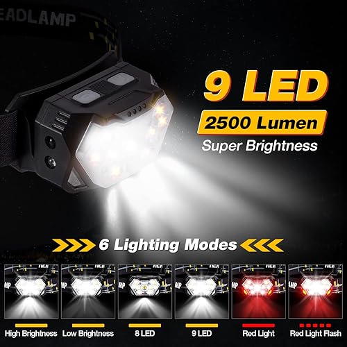 Miniatura 3 de Linterna frontal LED de 2500 lúmenes, luz frontal recargable con sensor de luz roja para correr, ciclismo, camping, impermeable, paquete de 2