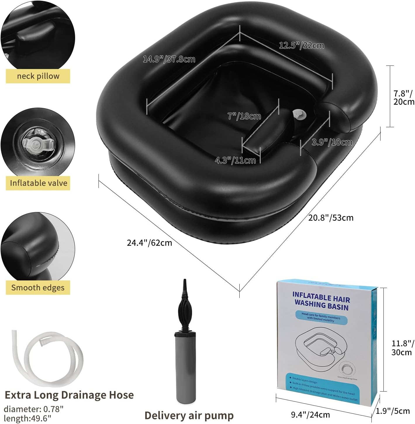 Inflatable Shampoo Basin for Bedridden, Disabled, Elderly, Children & Pregnant Women, Portable Hair Washing Bowl for Injured, Dreadlocks Detox Tub, Blow Up Sink for Easy Home Use (Black)