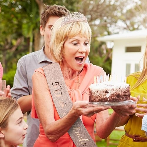 Miniatura 6 de CIEHER Juego de corona de cumpleaños 50 + banda de 50 y fabulosa banda + pin de perlas, tiara, regalos de 50, decoraciones para mujeres amigas