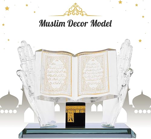Miniatura 3 de Adorno de cristal musulmán, Kaaba dorado de mano sosteniendo libro, modelo de cristal musulmán, figuras coleccionables, construcción islámica