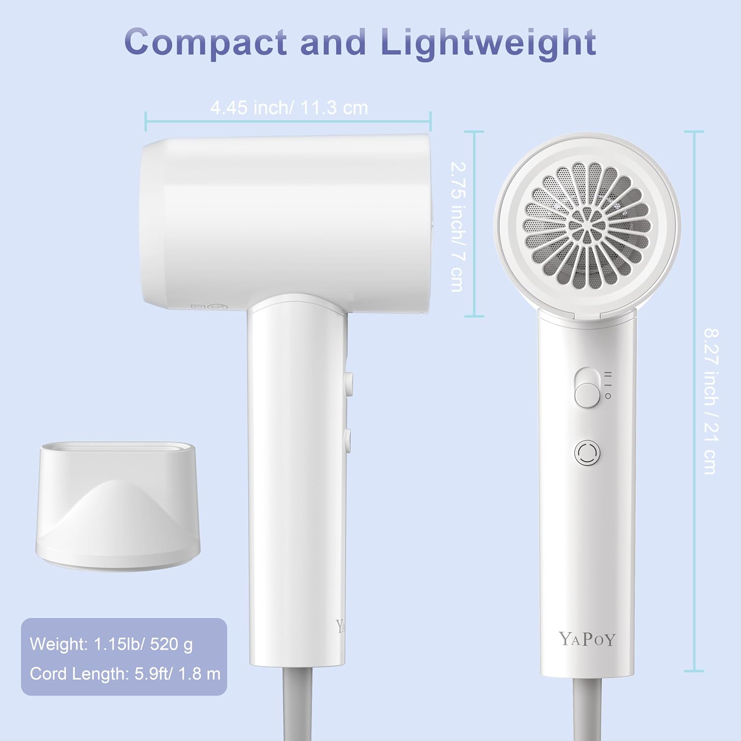 YAPOY Hair Dryer, 200 Million Ionic Blow Dryer, 110,000 RPM Fast Drying, Reduced Frizz, Intelligent Thermo-Control, Low Noise, Lightweight for Adult/Children/Dog, Home/Hotel/RV/Travel - Image 7