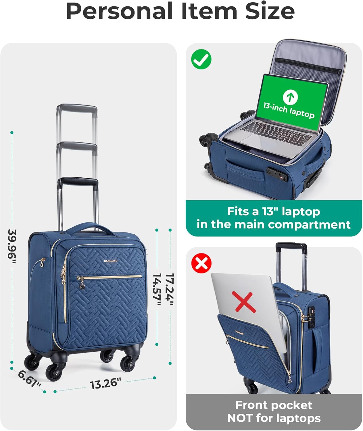 BAGSMART Underseat Carry On luggage Airline Approved, 16-inch Small Softside Underseater Travel Suitcase with Spinner Wheels Overnight Bag Small Rolling Carry-on for Women Men Weekender, Navy Blue - Image 4