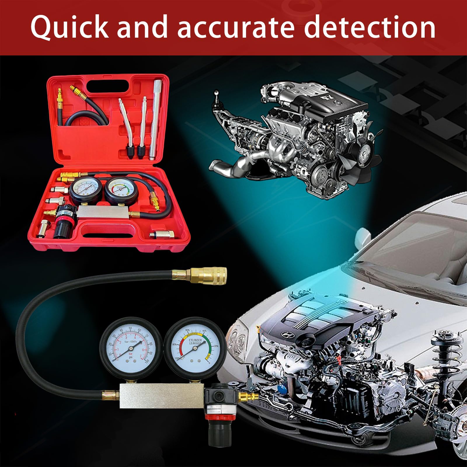 Tester Per Guarnizioni Testate, Tester Per Perdite Cilindri Auto con Doppio Manometro 0-100 PSI e 0-7 Bar e 4 Adattatori Strumenti Diagnostici di Pressione Per Un'ampia Gamma di Tipi di Veicoli