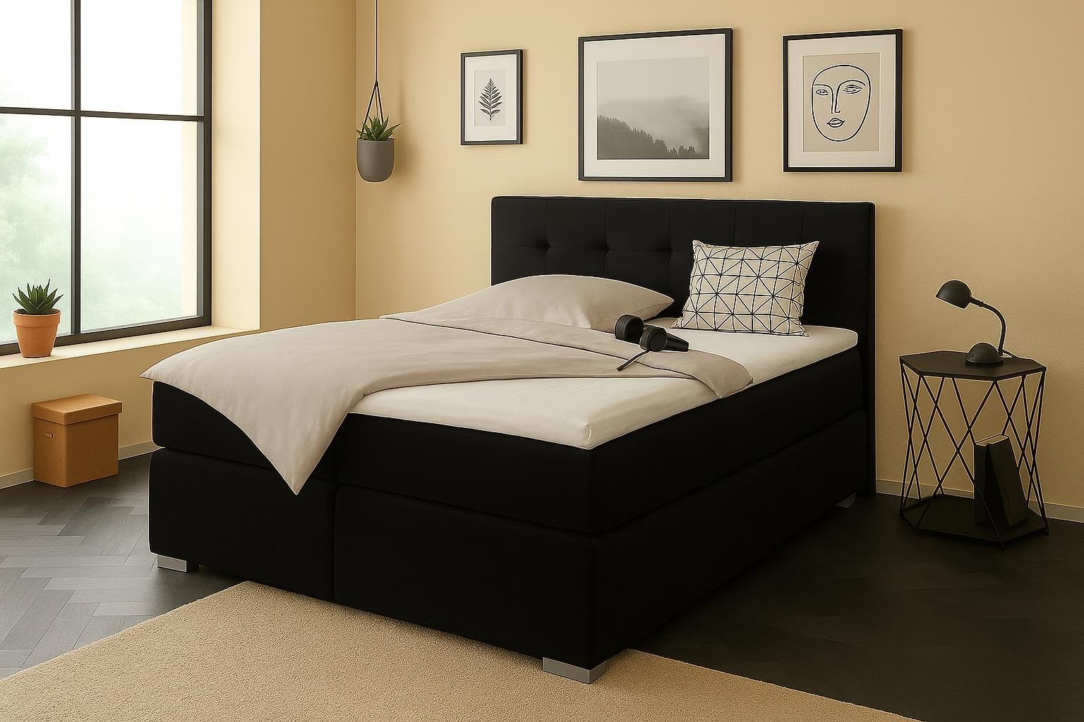 A&J MöbelLand Boxspringbett 120x200 mit Bettkasten und Lattenrost – Tom-OM, Bett mit Stauraum in Schwarz 20 ohne Matratze